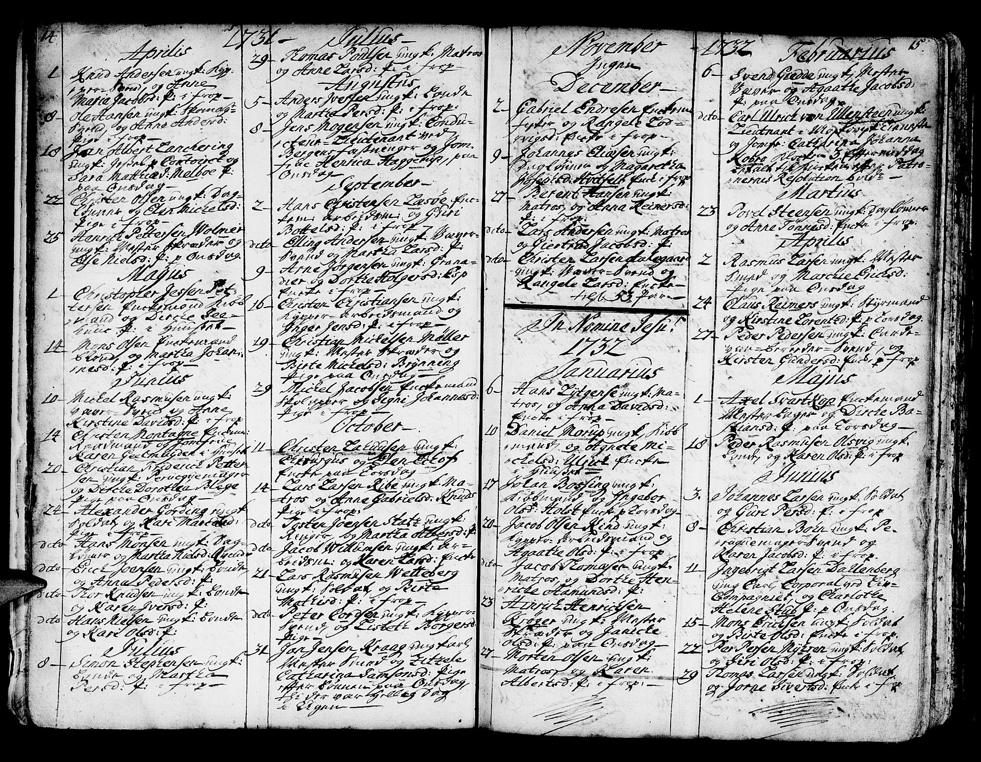 Domkirken sokneprestembete, SAB/A-74801/H/Haa/L0007: Parish register (official) no. A 7, 1725-1826, p. 14-15
