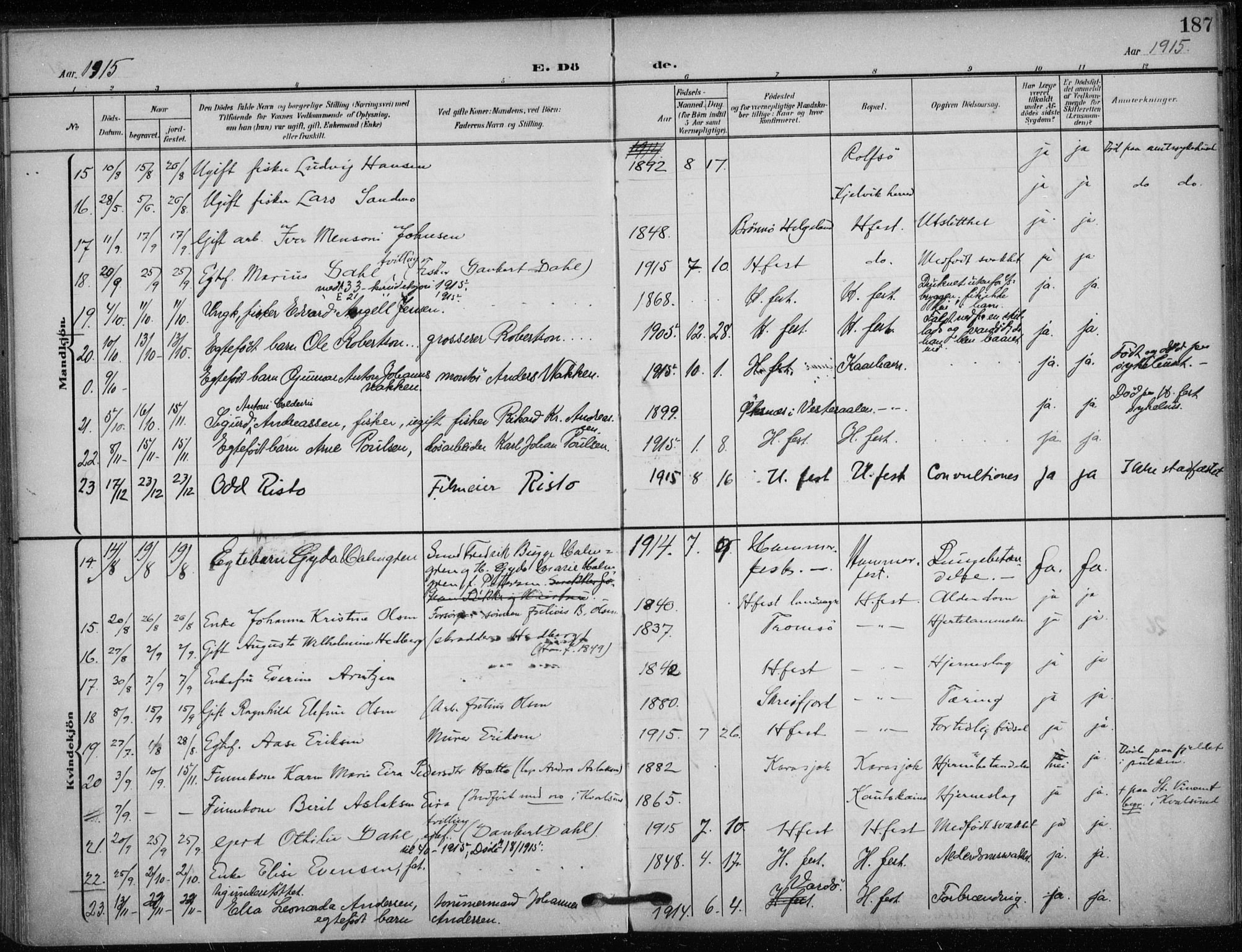 Hammerfest sokneprestkontor, SATØ/S-1347/H/Ha/L0014.kirke: Parish register (official) no. 14, 1906-1916, p. 187