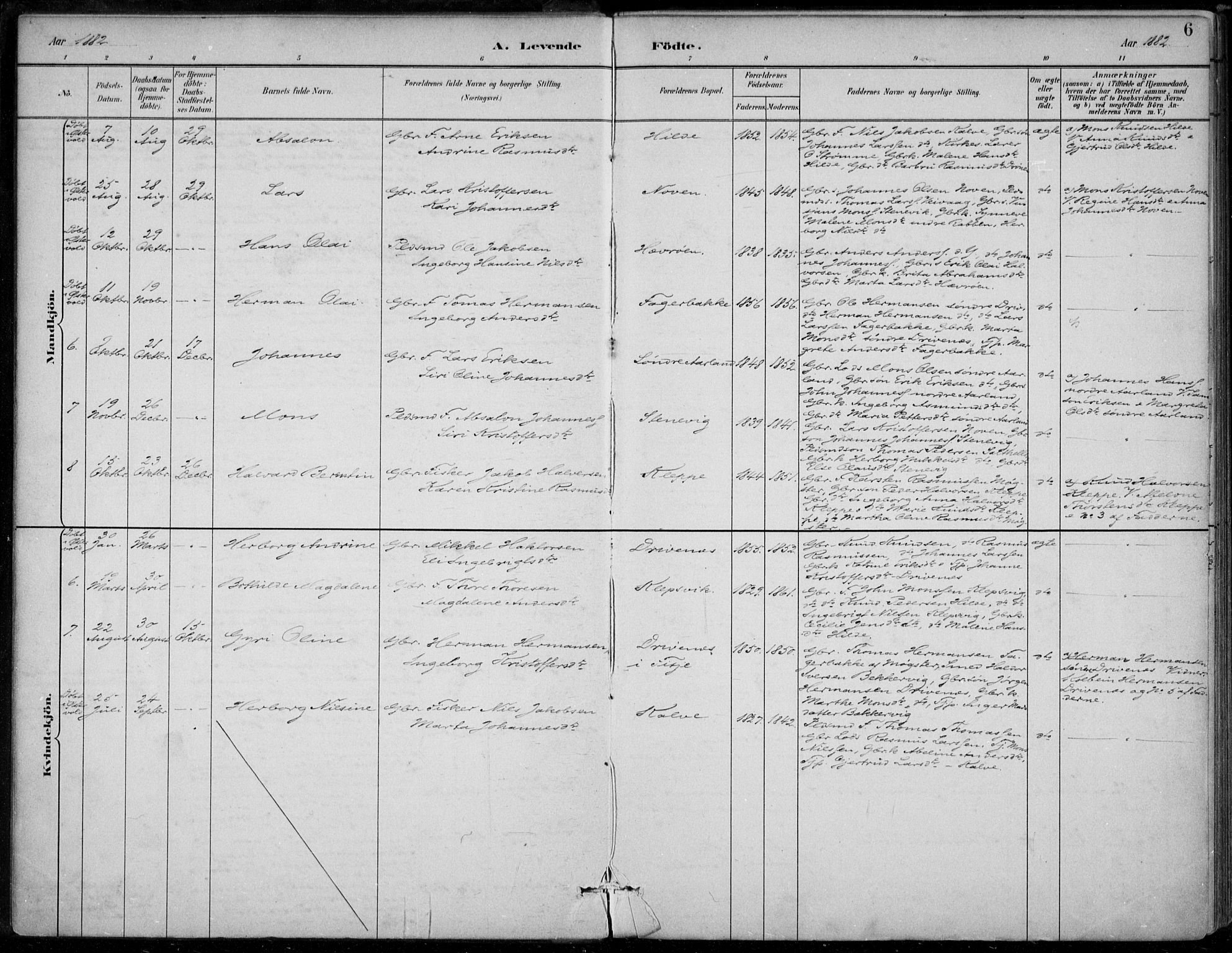 Sund sokneprestembete, AV/SAB-A-99930: Parish register (official) no. D 1, 1882-1899, p. 6