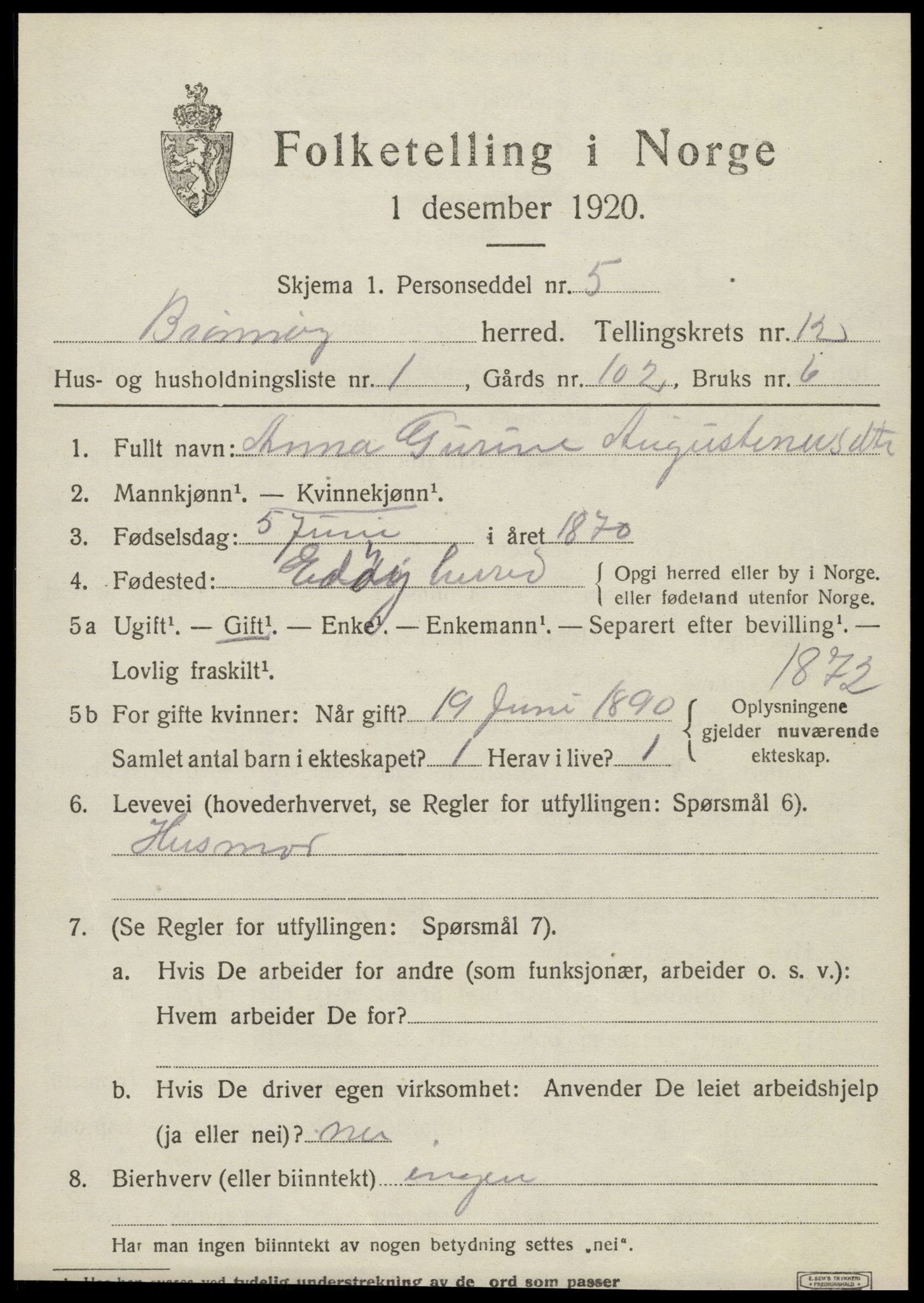 SAT, 1920 census for Brønnøy, 1920, p. 8754