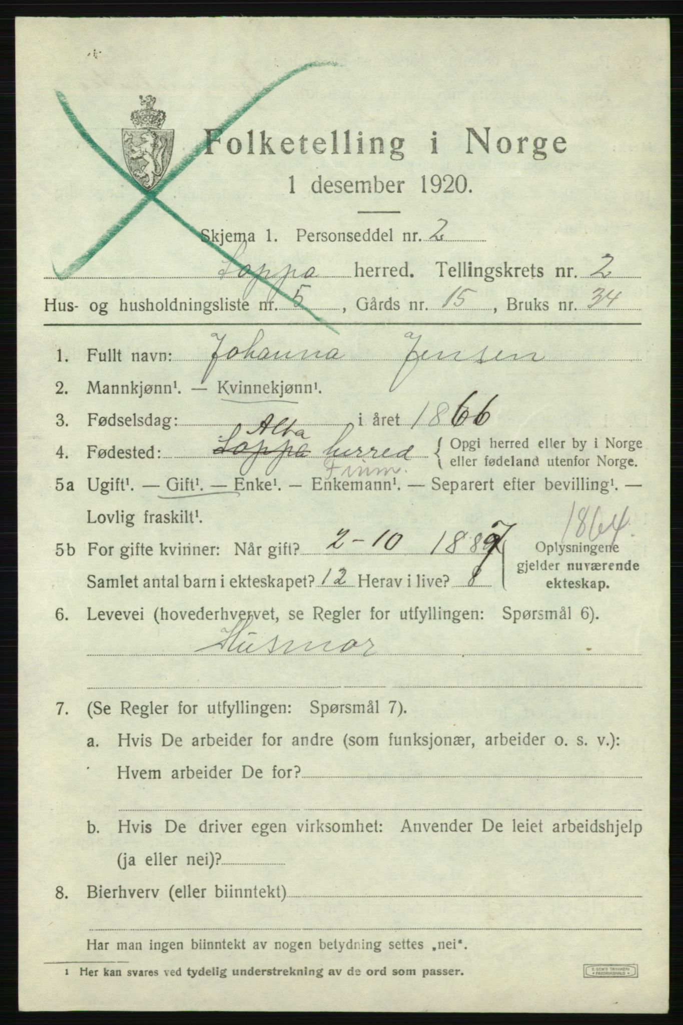 SATØ, 1920 census for Loppa, 1920, p. 858