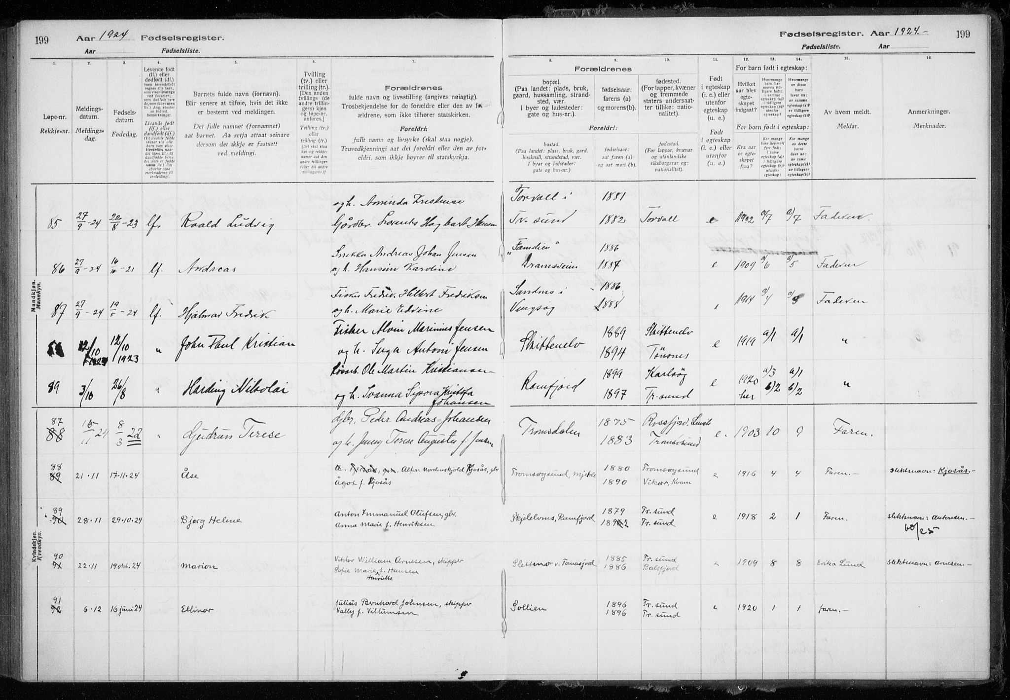 Tromsøysund sokneprestkontor, AV/SATØ-S-1304/H/Ha/L0079: Birth register no. 79, 1916-1924, p. 199