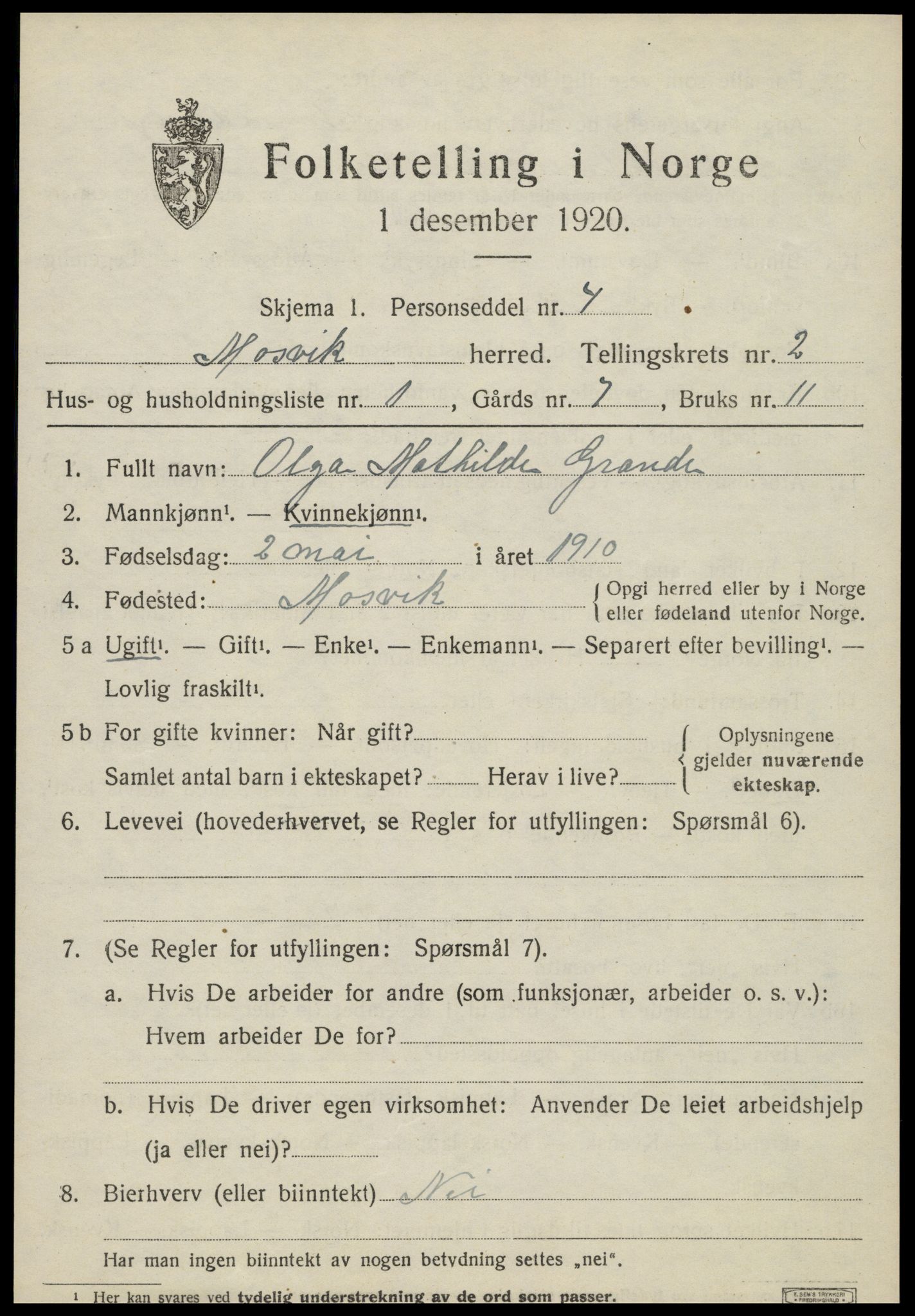 SAT, 1920 census for Mosvik, 1920, p. 568