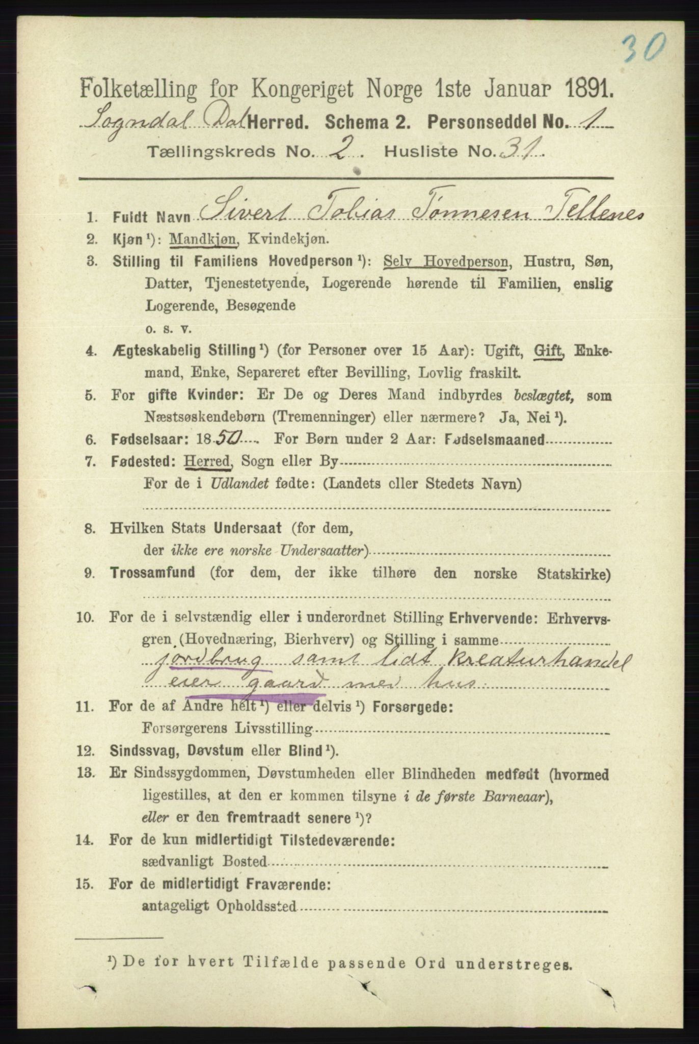 RA, 1891 census for 1111 Sokndal, 1891, p. 657