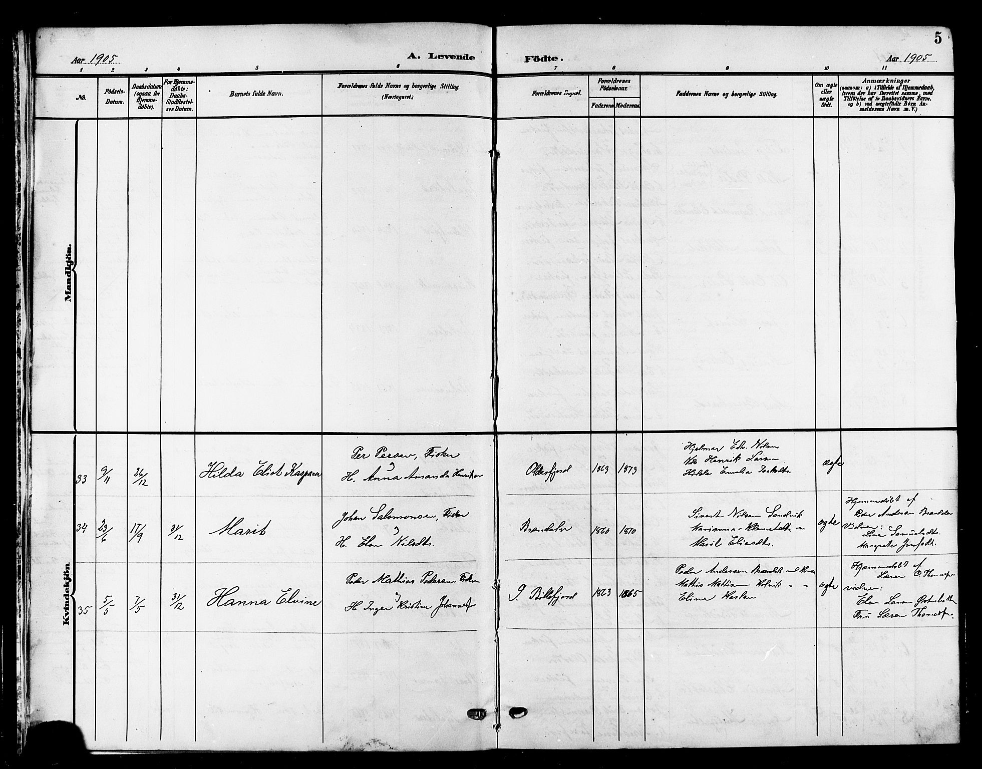 Kistrand/Porsanger sokneprestembete, AV/SATØ-S-1351/H/Hb/L0006.klokk: Parish register (copy) no. 6, 1905-1917, p. 5