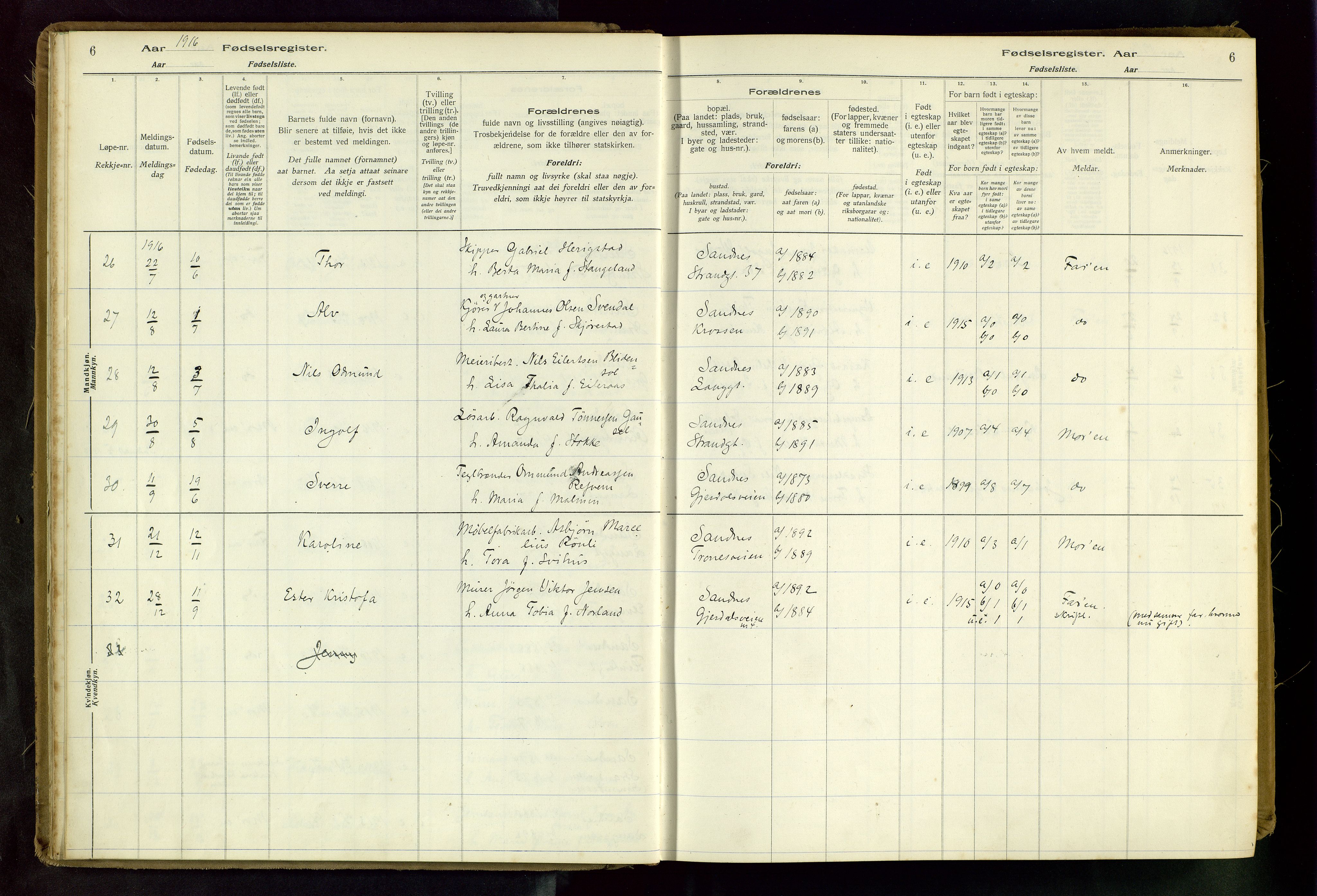 Sandnes sokneprestkontor, AV/SAST-A-101800/704BA/L0001: Birth register no. 1, 1916-1942, p. 6