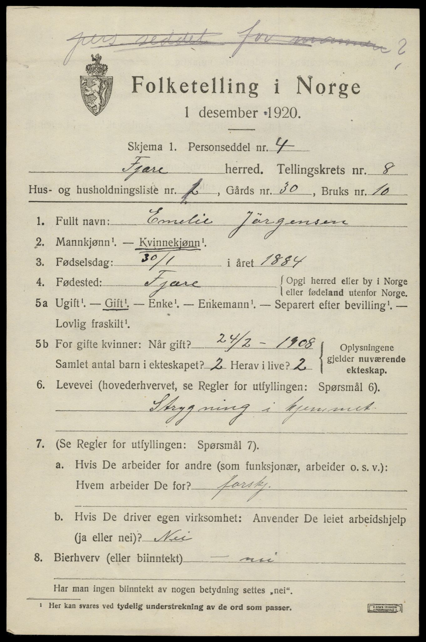 SAK, 1920 census for Fjære, 1920, p. 10393