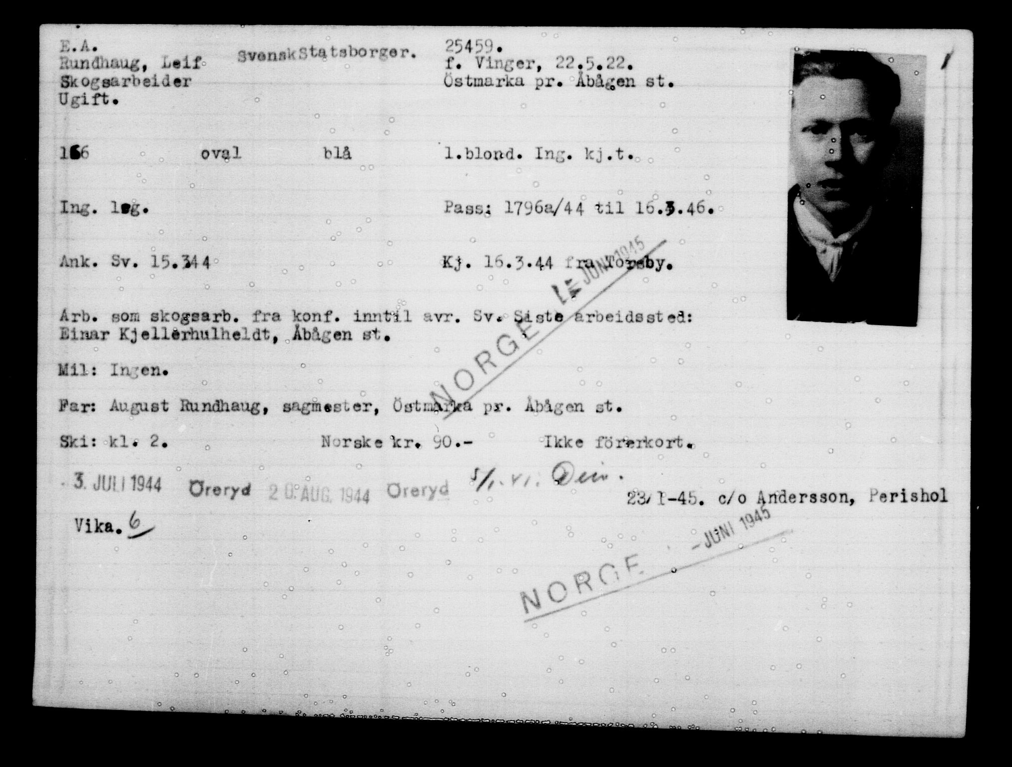 Utenriksstasjonene, Legasjonen i Stockholm, Flyktningkontoret, AV/RA-S-6753/V/Va/L0011: Kjesäterkartoteket, flyktninger med registreringsnr. 25300-28349, 1940-1945, p. 165