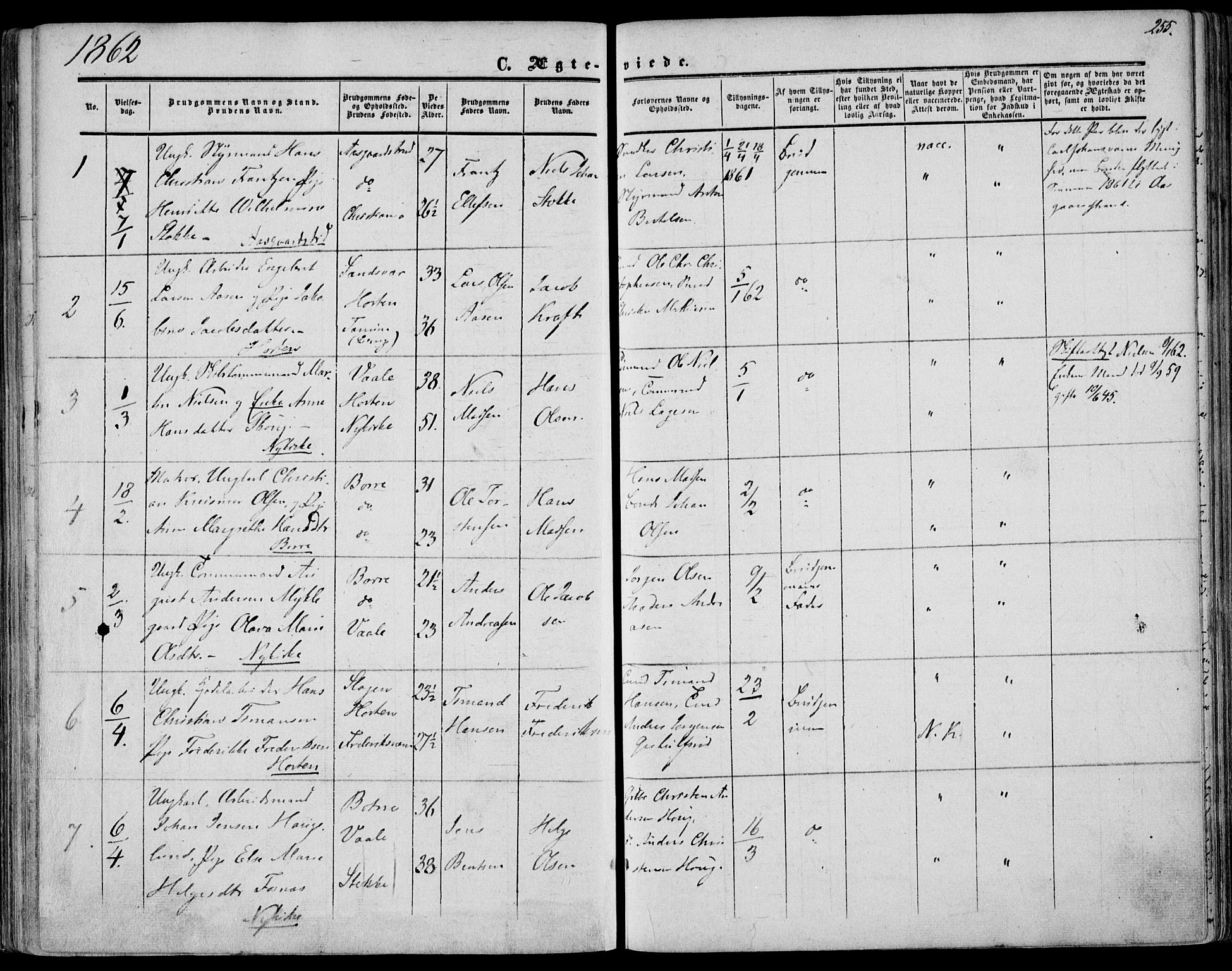 Borre kirkebøker, SAKO/A-338/F/Fa/L0006: Parish register (official) no. I 6, 1852-1862, p. 255