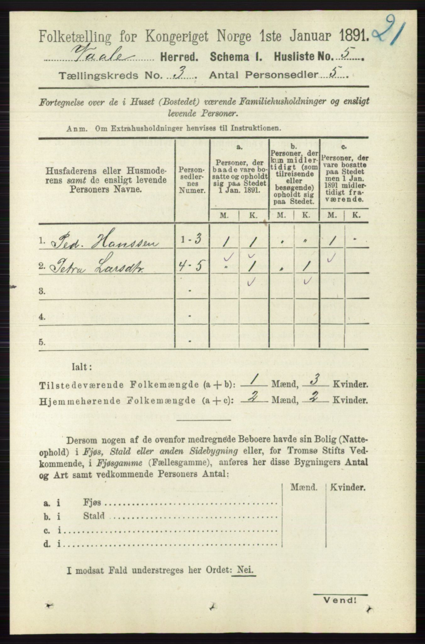 RA, 1891 census for 0716 Våle, 1891, p. 487