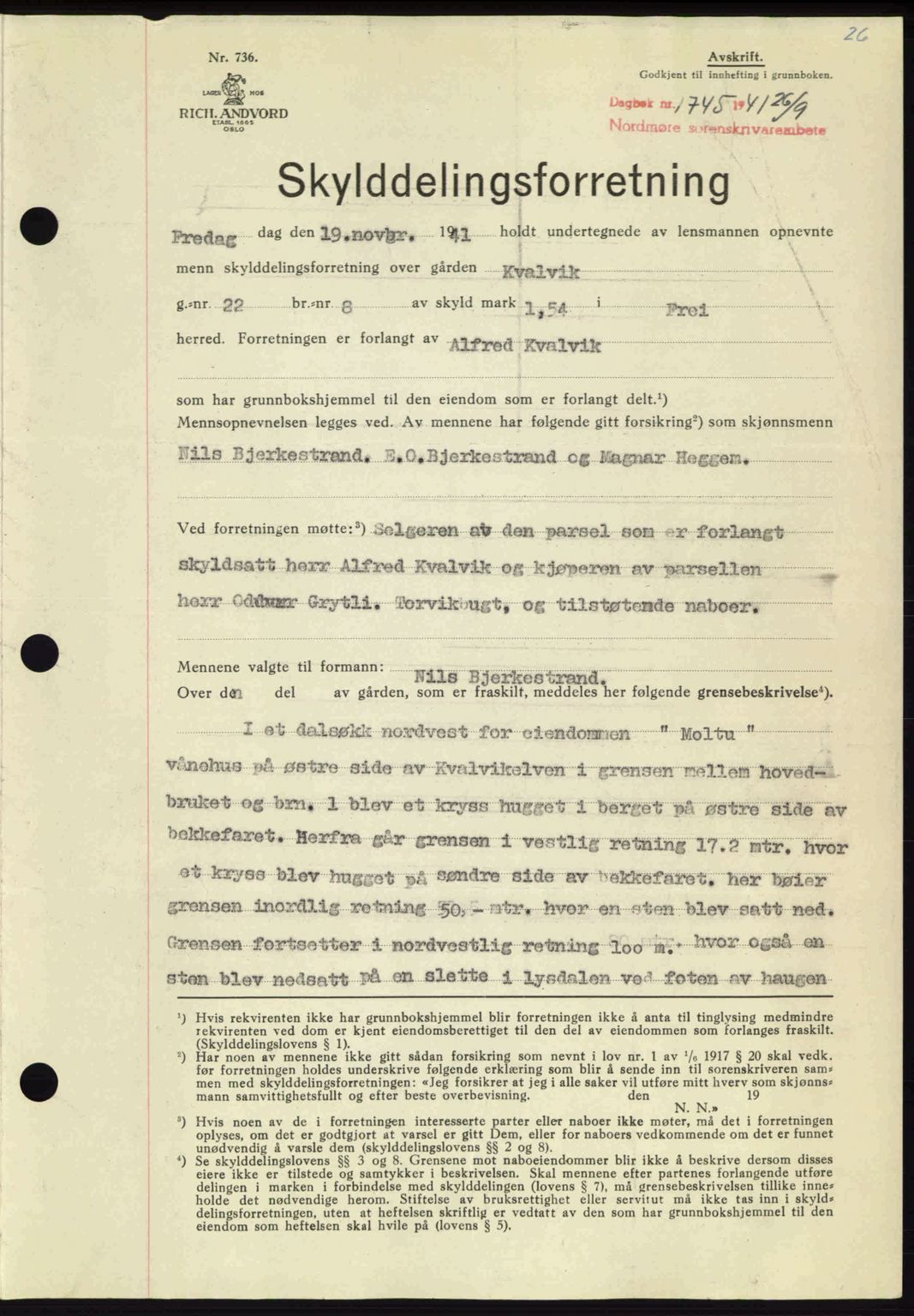 Nordmøre sorenskriveri, AV/SAT-A-4132/1/2/2Ca: Mortgage book no. A91, 1941-1942, Diary no: : 1745/1941