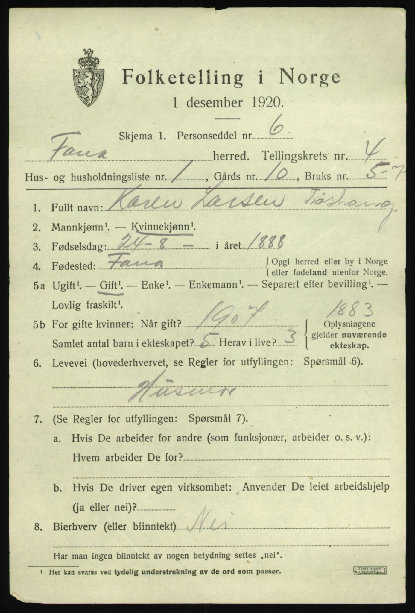 SAB, 1920 census for Fana, 1920, p. 5485