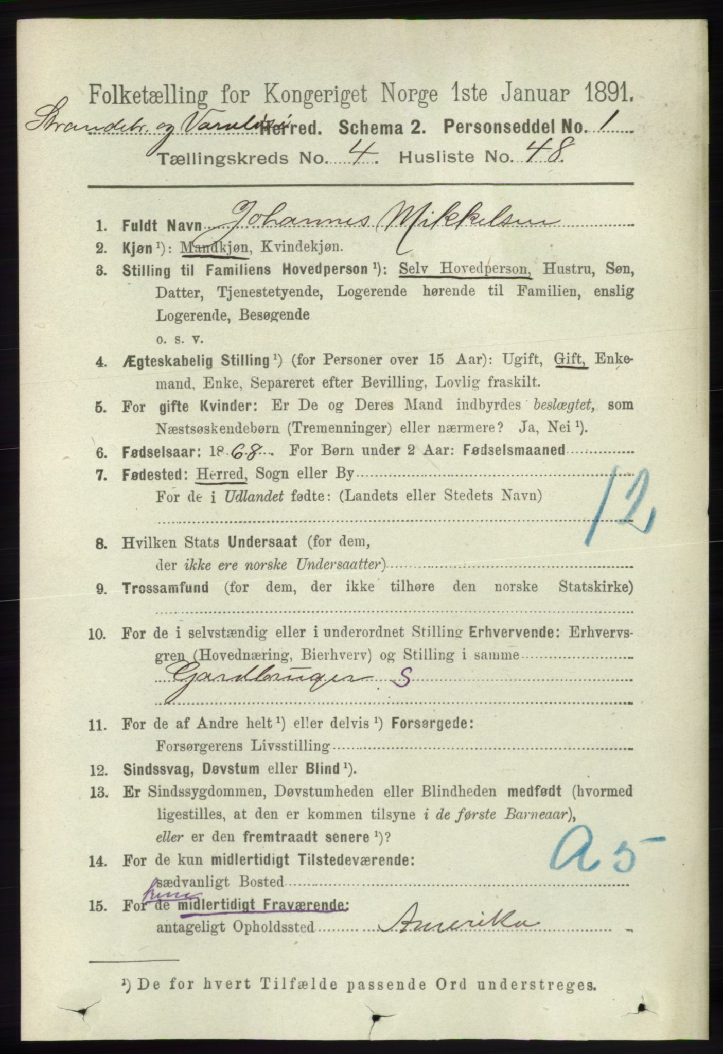 RA, 1891 census for 1226 Strandebarm og Varaldsøy, 1891, p. 1718