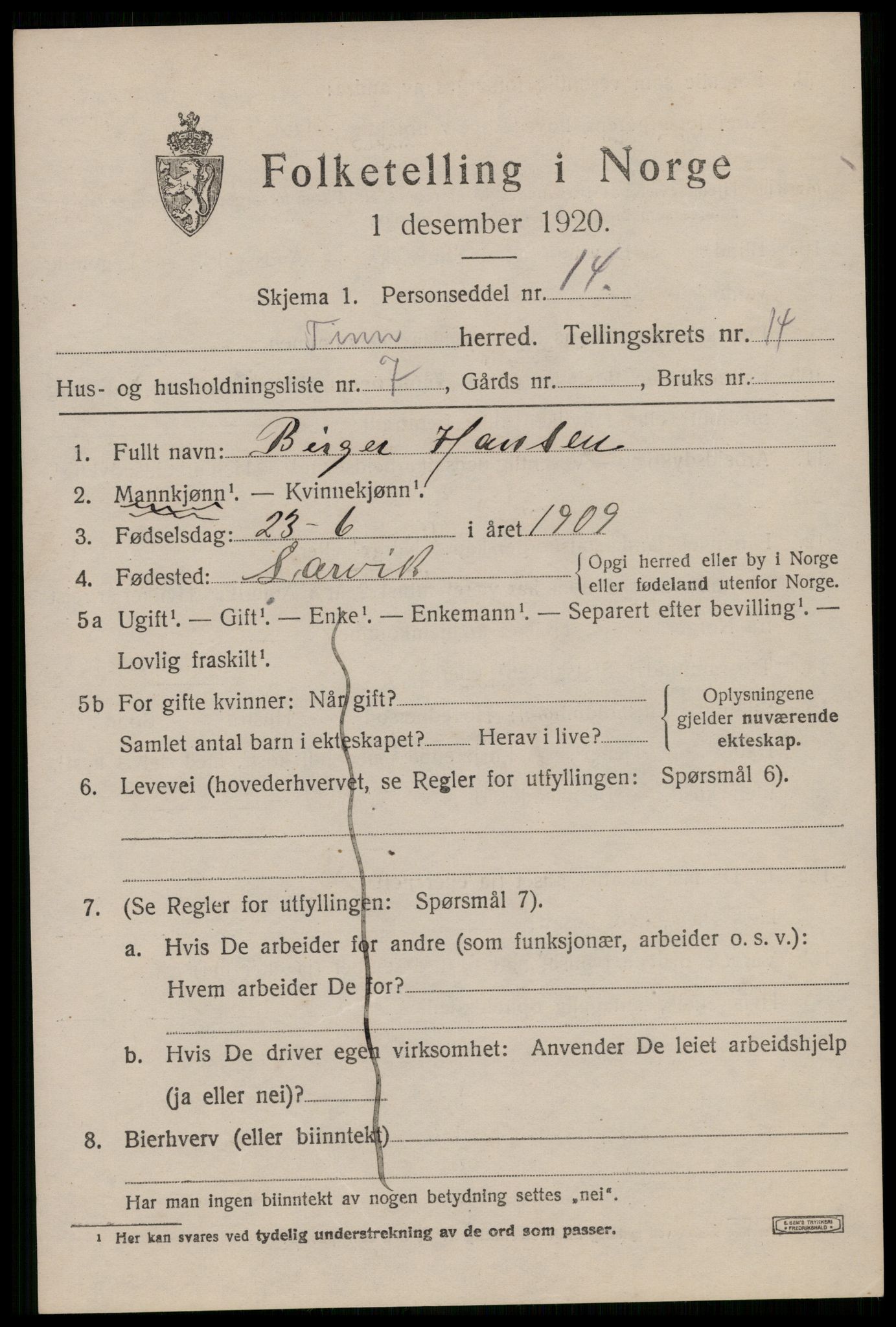 SAKO, 1920 census for Tinn, 1920, p. 8840