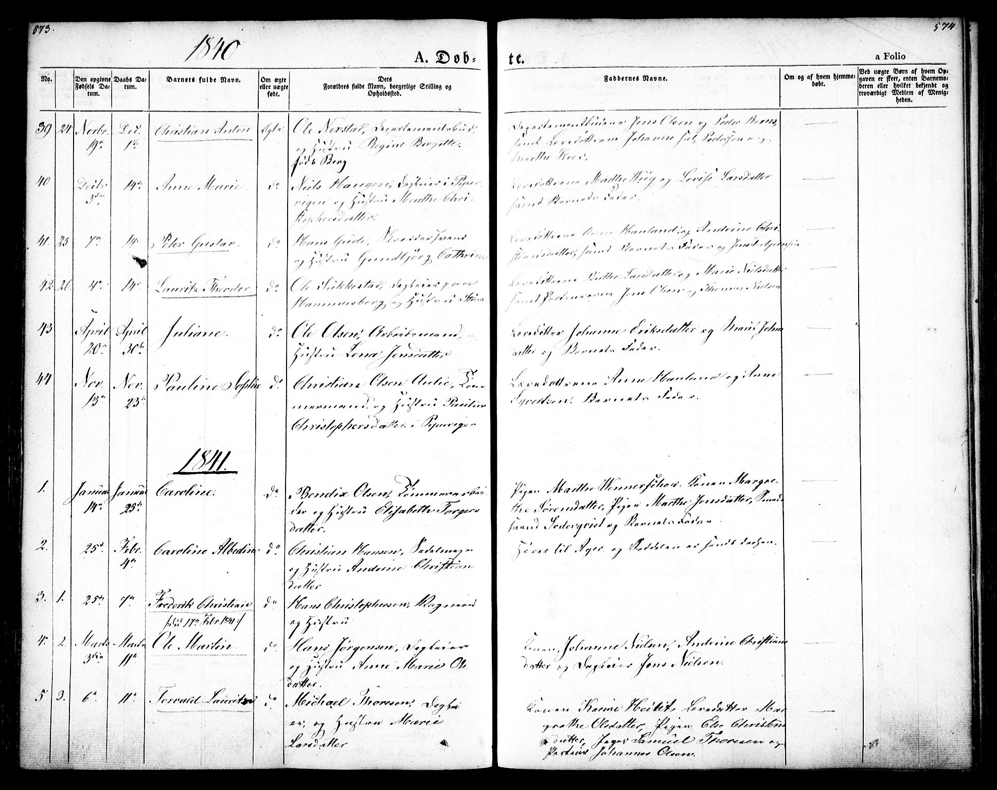 Oslo domkirke Kirkebøker, SAO/A-10752/F/Fa/L0012: Parish register (official) no. 12, 1837-1845, p. 573-574