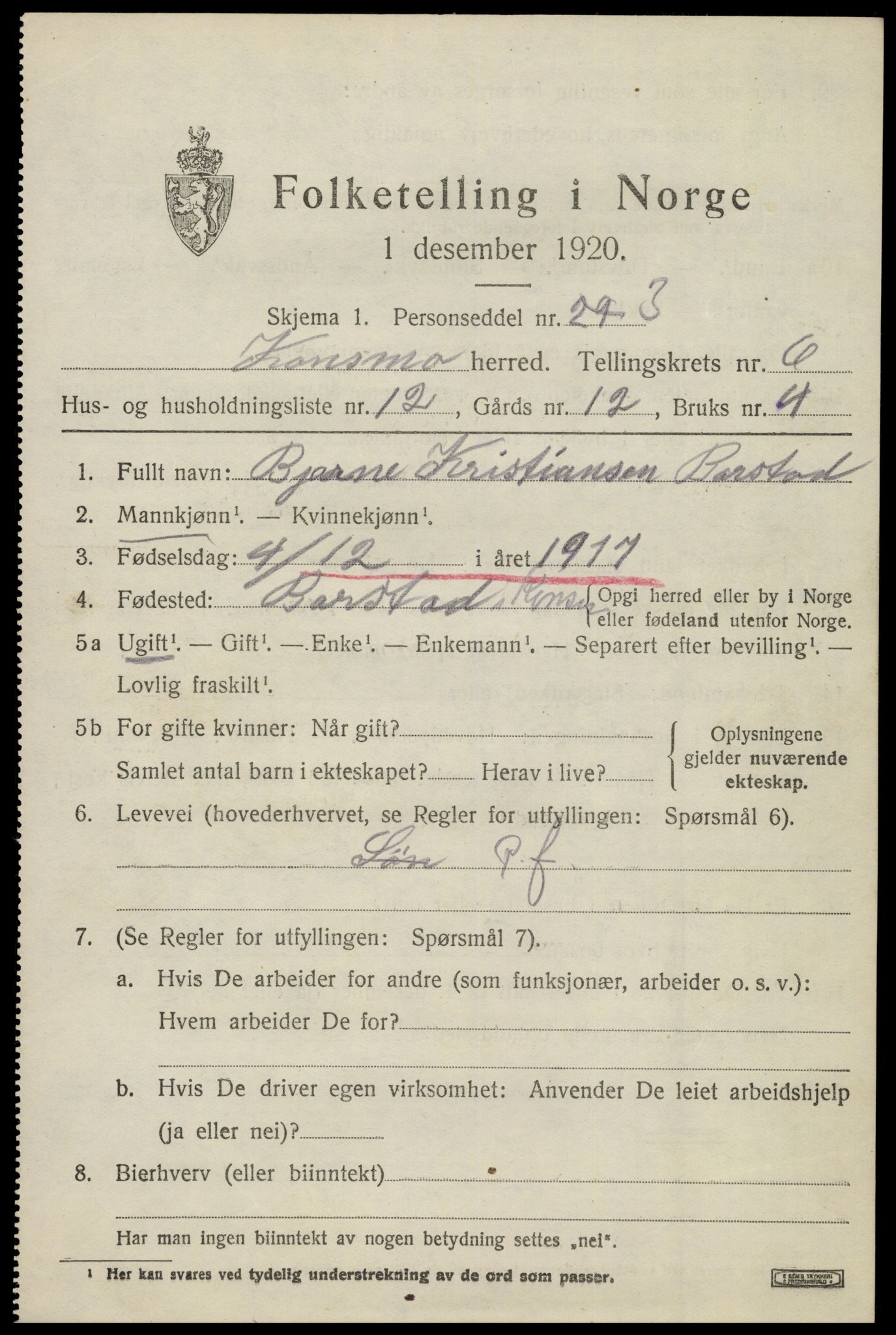 SAK, 1920 census for Konsmo, 1920, p. 1458