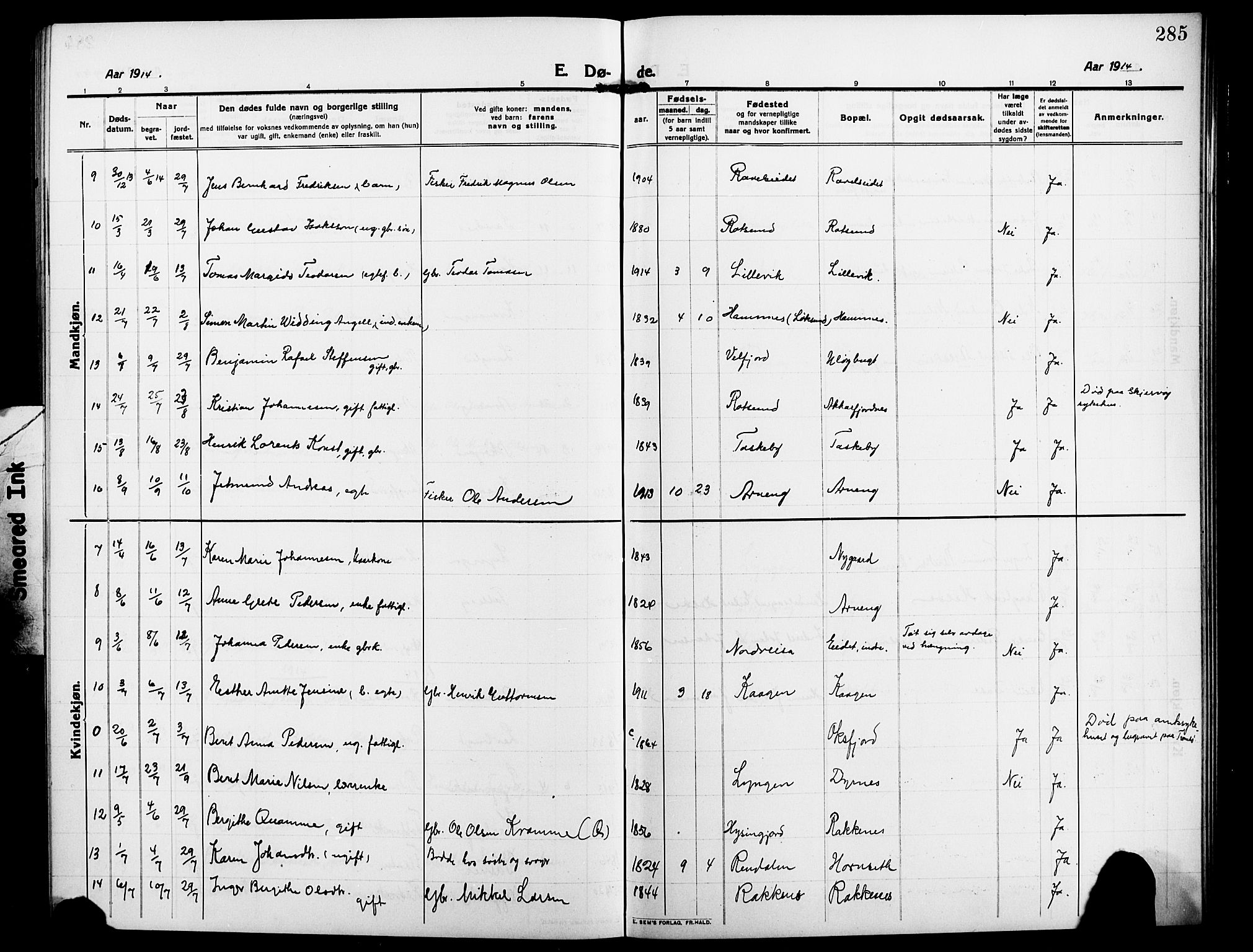 Skjervøy sokneprestkontor, SATØ/S-1300/H/Ha/Hab/L0009klokker: Parish register (copy) no. 9, 1911-1926, p. 285