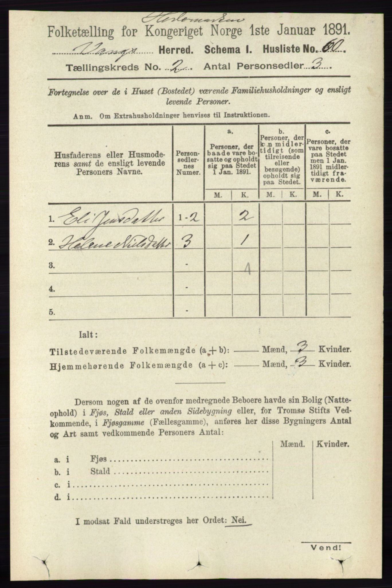 RA, 1891 census for 0414 Vang, 1891, p. 990