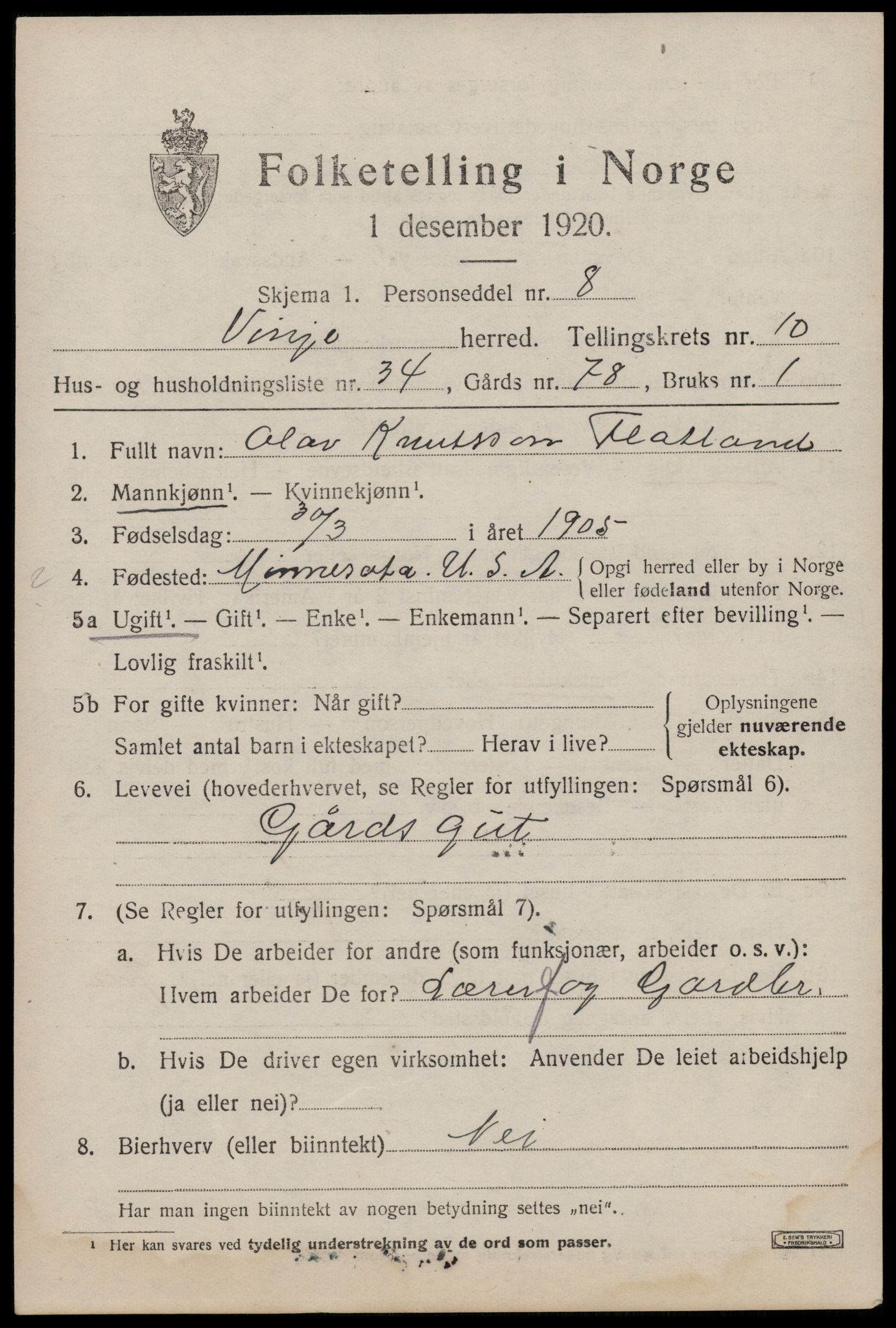 SAKO, 1920 census for Vinje, 1920, p. 3351