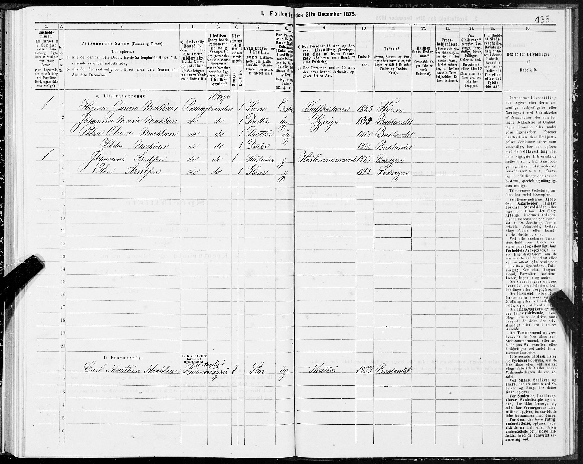 SAT, 1875 census for 1601 Trondheim, 1875, p. 12135