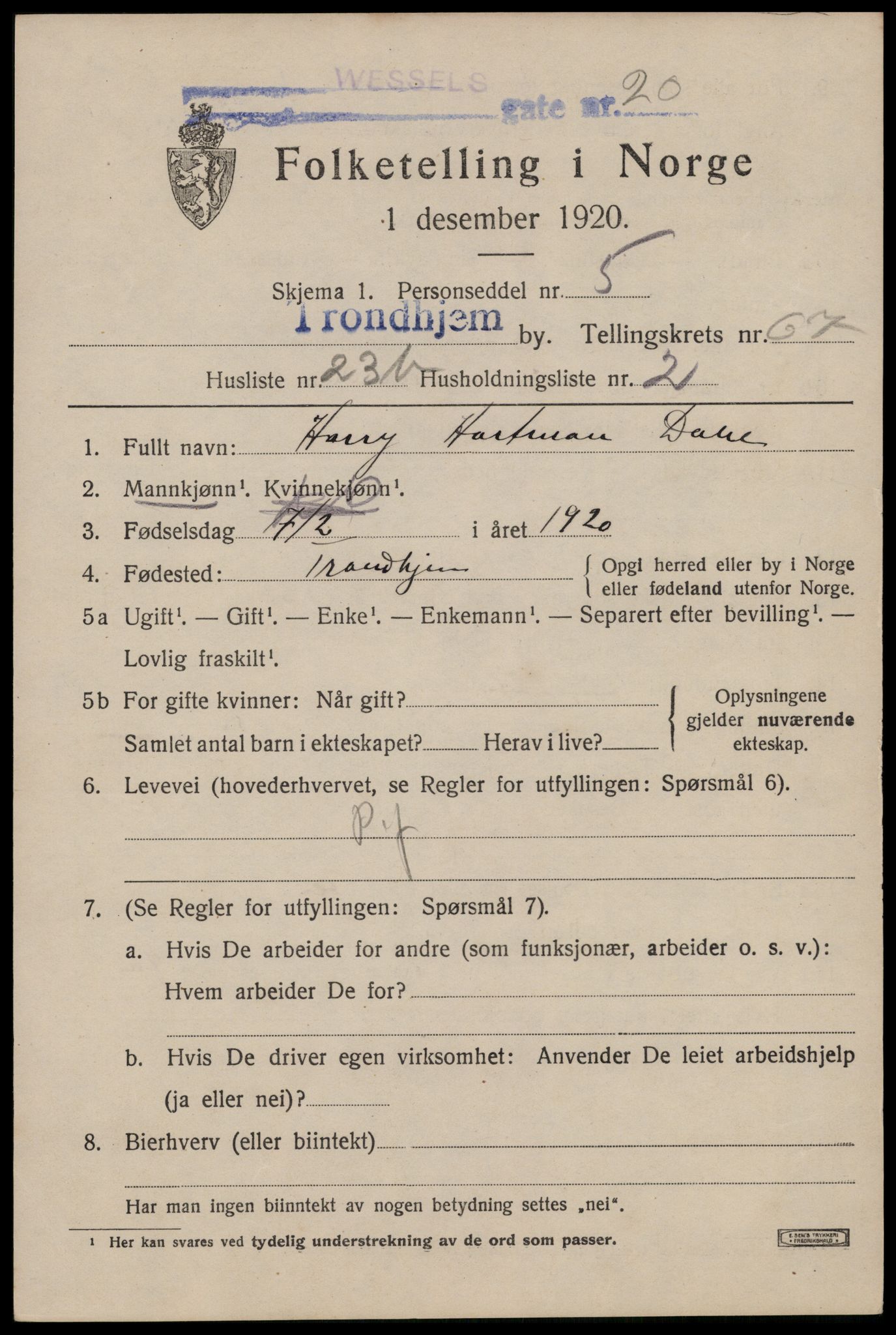 SAT, 1920 census for Trondheim, 1920, p. 133480