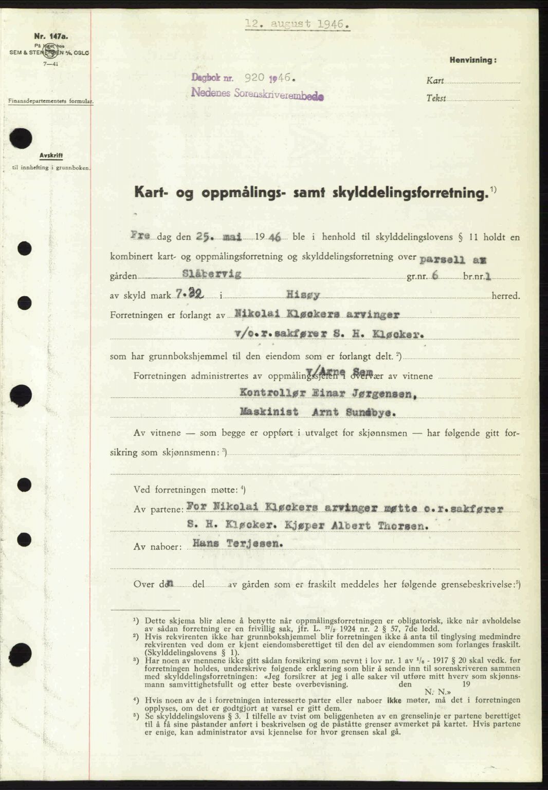 Nedenes sorenskriveri, AV/SAK-1221-0006/G/Gb/Gba/L0055: Mortgage book no. A7, 1946-1946, Diary no: : 920/1946