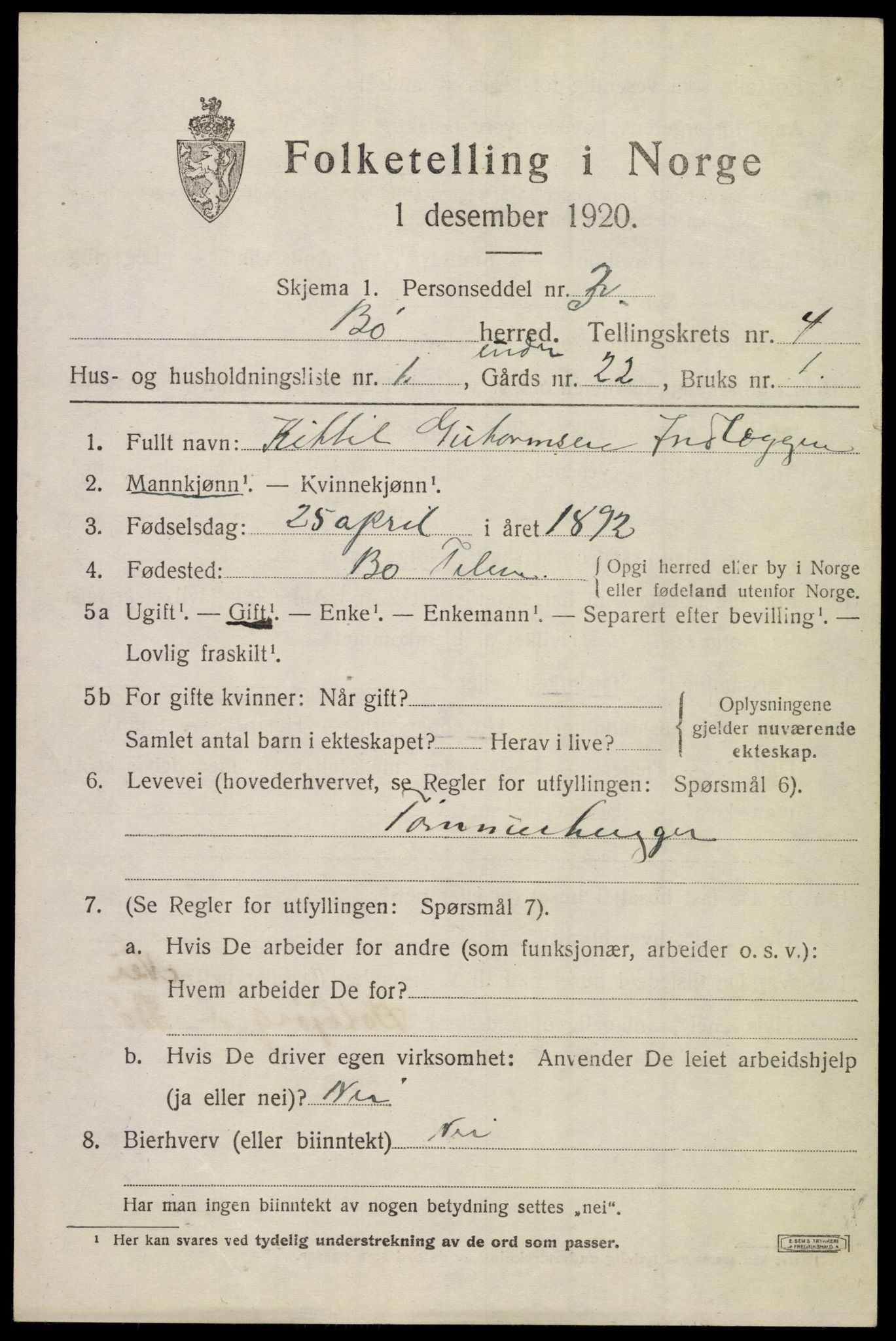 SAKO, 1920 census for Bø (Telemark), 1920, p. 3198