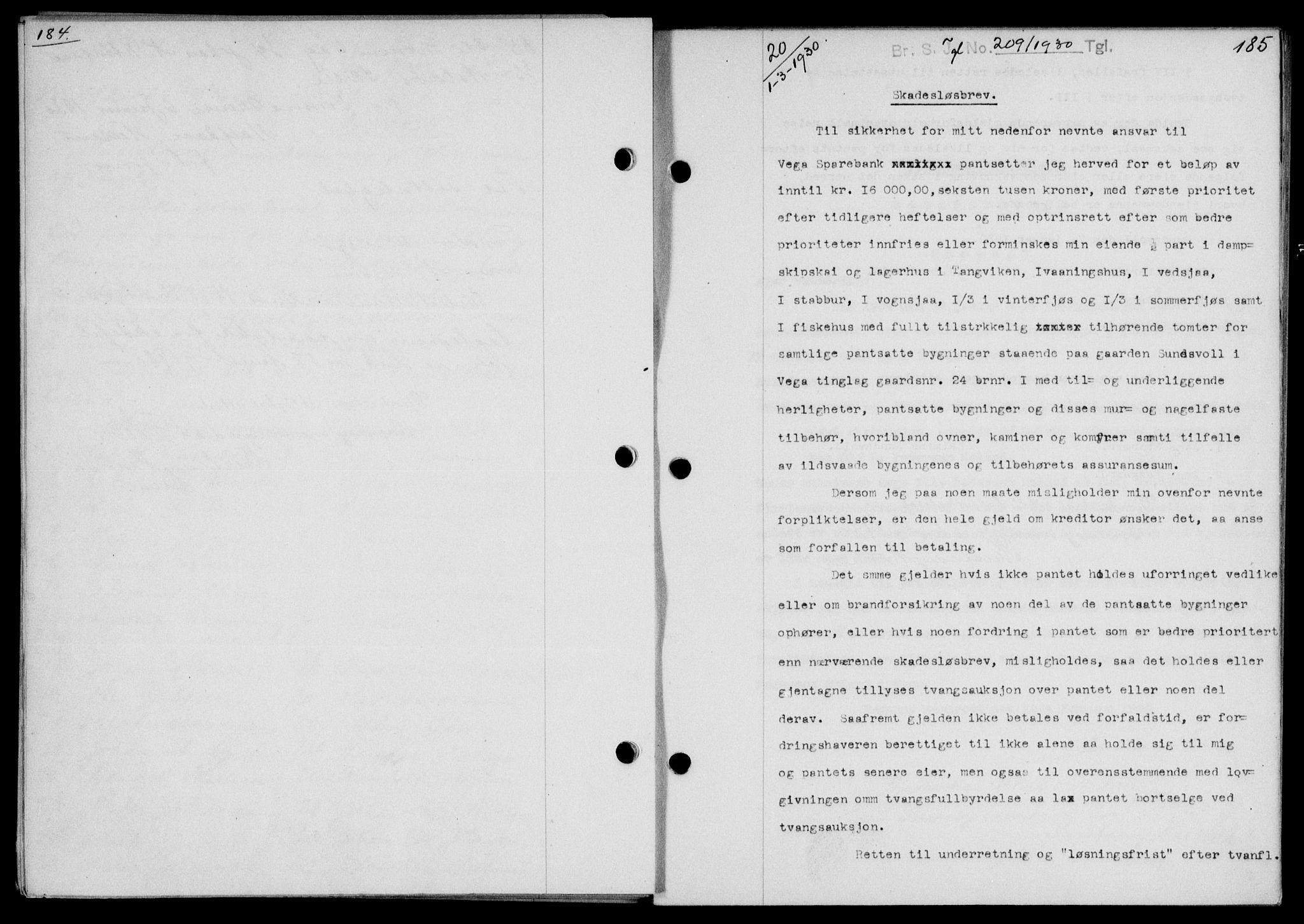 Brønnøy sorenskriveri, SAT/A-4170/1/2/2C/L0008: Mortgage book no. 8, 1929-1931, p. 184-185, Deed date: 01.03.1930