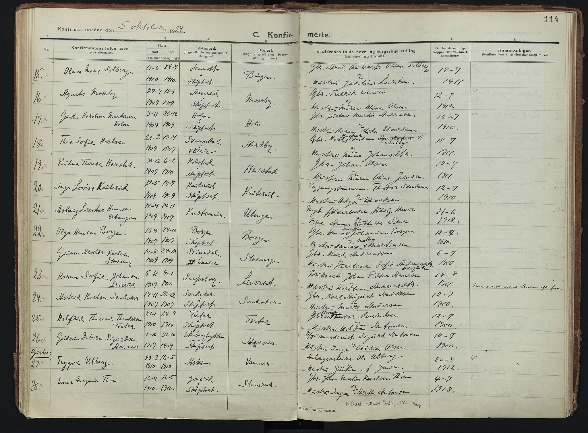 Skiptvet prestekontor Kirkebøker, AV/SAO-A-20009/F/Fa/L0012: Parish register (official) no. 12, 1913-1924, p. 114