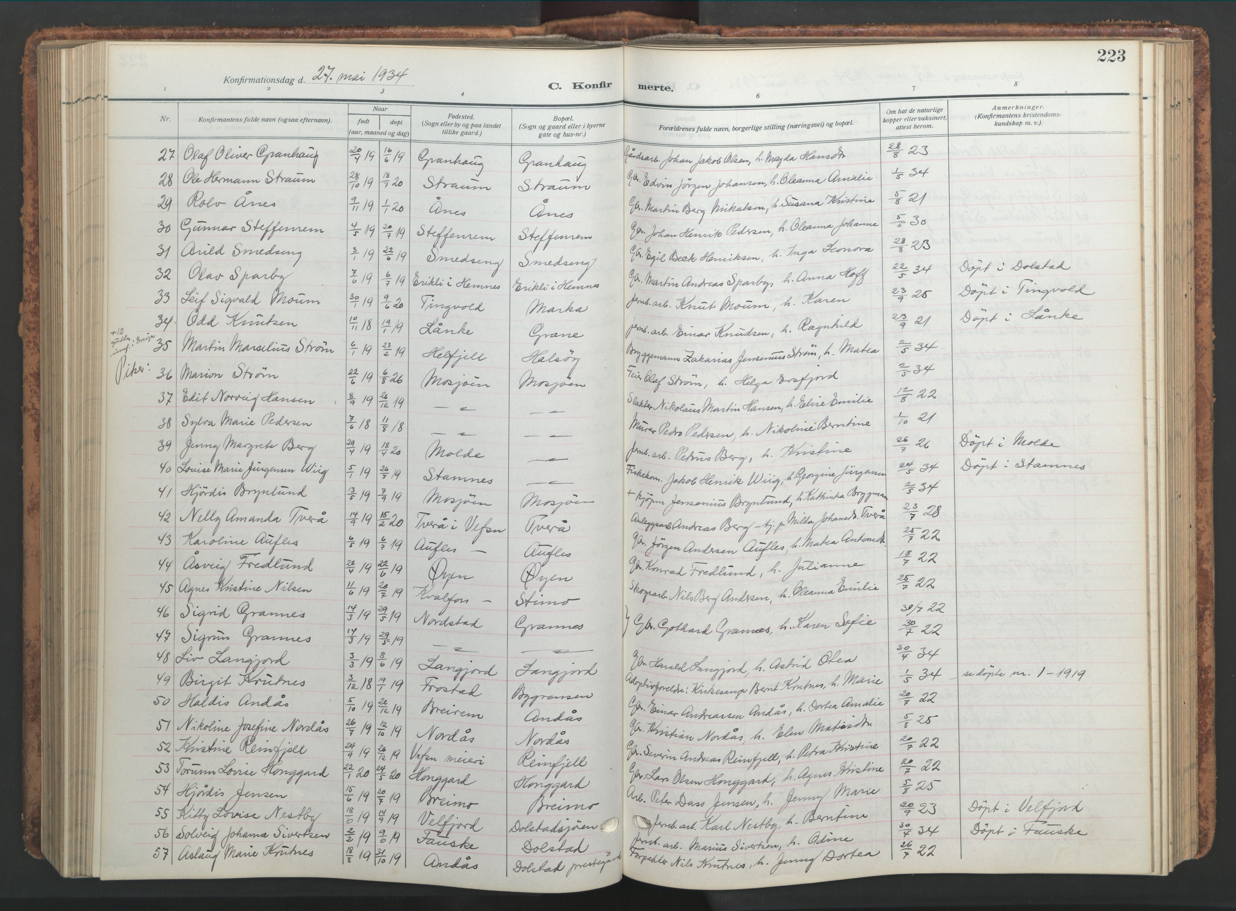 Ministerialprotokoller, klokkerbøker og fødselsregistre - Nordland, AV/SAT-A-1459/820/L0302: Parish register (copy) no. 820C04, 1917-1948, p. 223