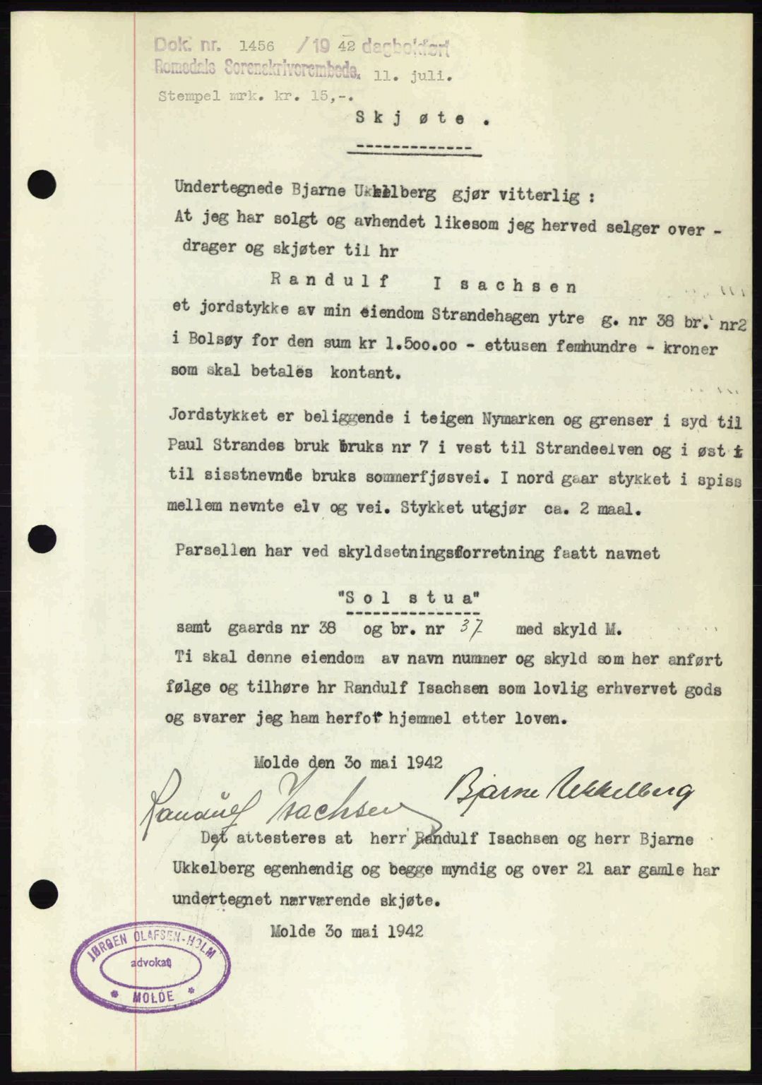 Romsdal sorenskriveri, AV/SAT-A-4149/1/2/2C: Mortgage book no. A12, 1942-1942, Diary no: : 1456/1942