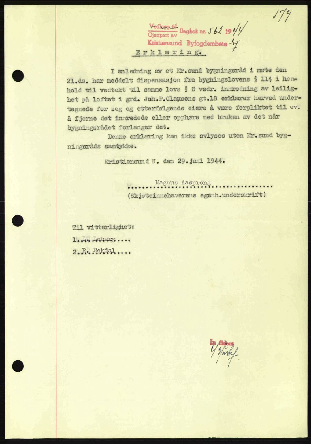 Kristiansund byfogd, SAT/A-4587/A/27: Mortgage book no. 37-38, 1943-1945, Diary no: : 562/1944