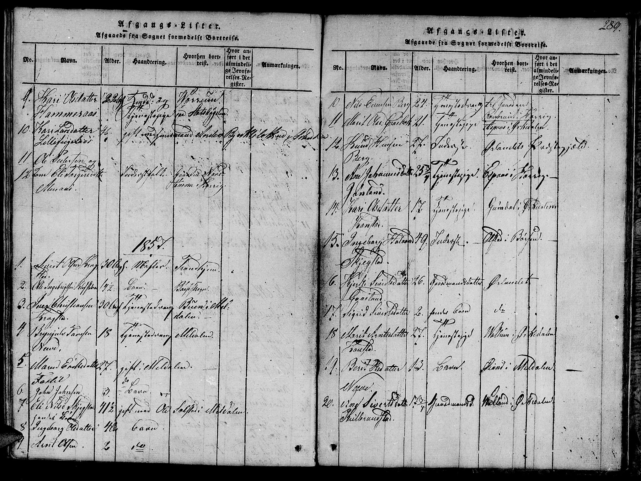 Ministerialprotokoller, klokkerbøker og fødselsregistre - Sør-Trøndelag, AV/SAT-A-1456/694/L1130: Parish register (copy) no. 694C02, 1816-1857, p. 289