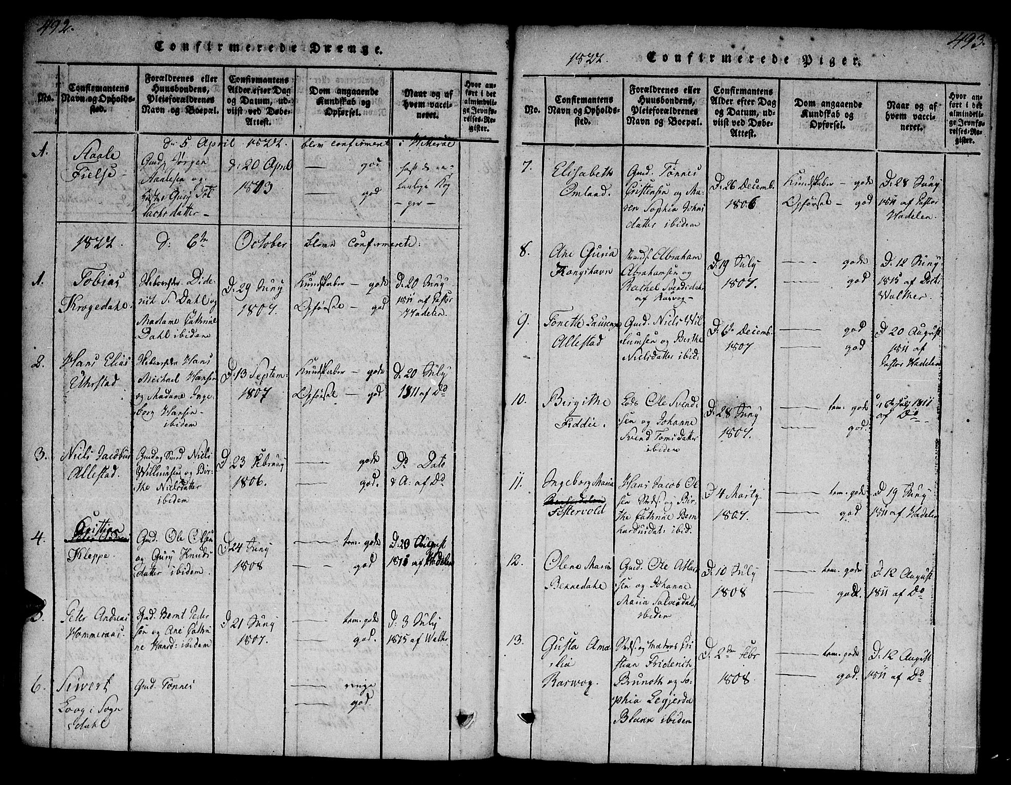 Flekkefjord sokneprestkontor, AV/SAK-1111-0012/F/Fa/Fab/L0003: Parish register (official) no. A 3, 1815-1830, p. 492-493