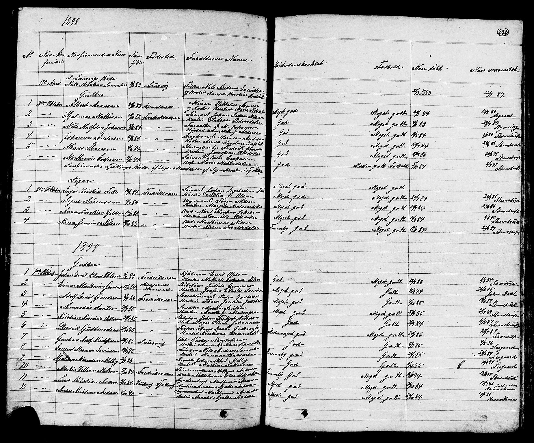 Stavern kirkebøker, AV/SAKO-A-318/G/Ga/L0002: Parish register (copy) no. 2, 1839-1909, p. 232