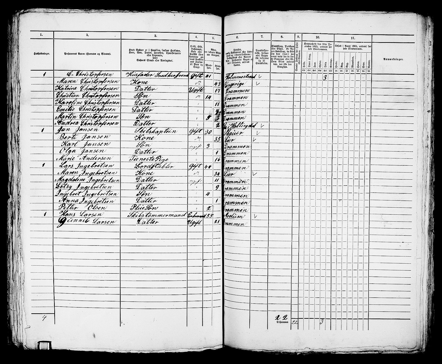 RA, 1865 census for Bragernes in Drammen, 1865, p. 1000