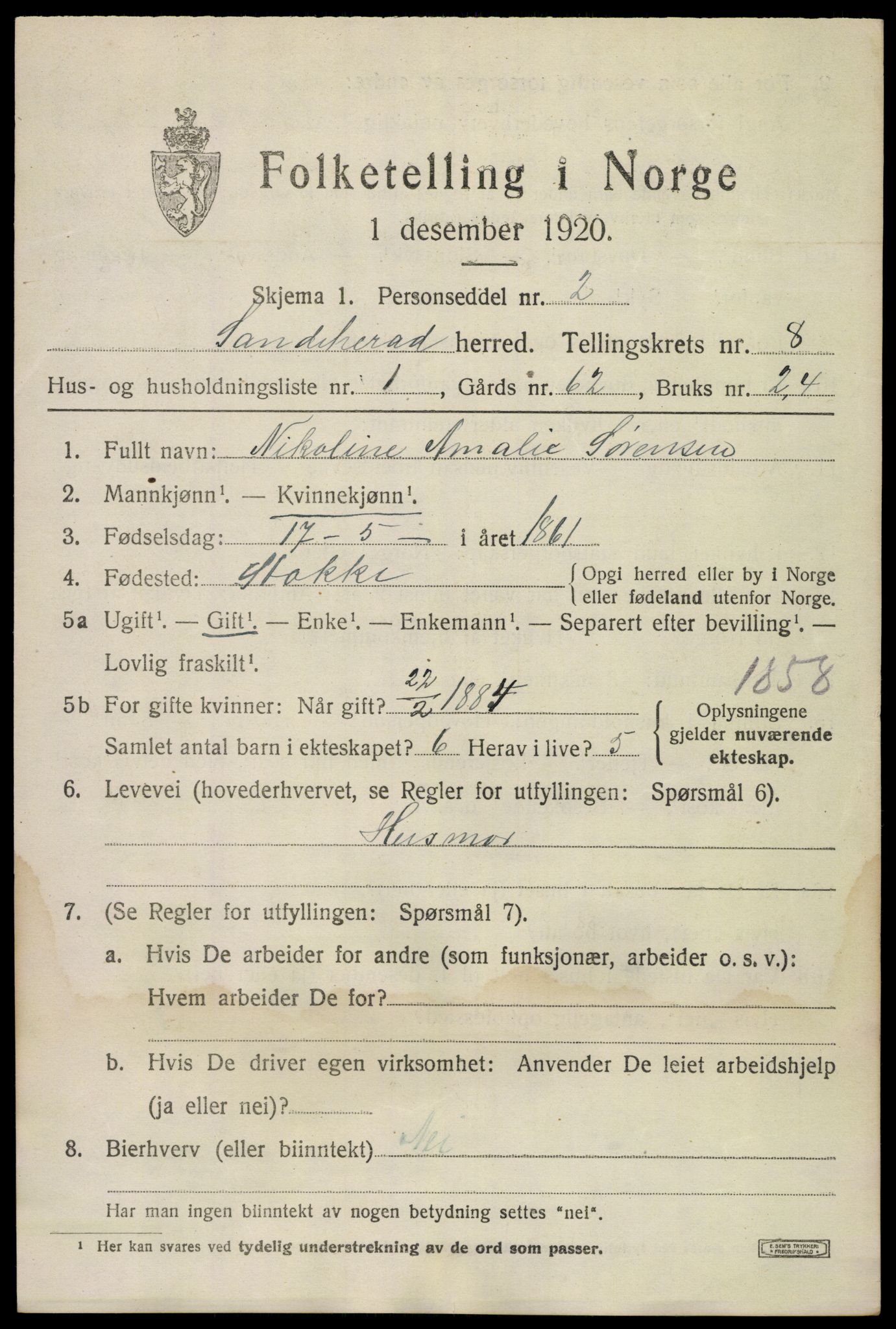 SAKO, 1920 census for Sandeherred, 1920, p. 12716