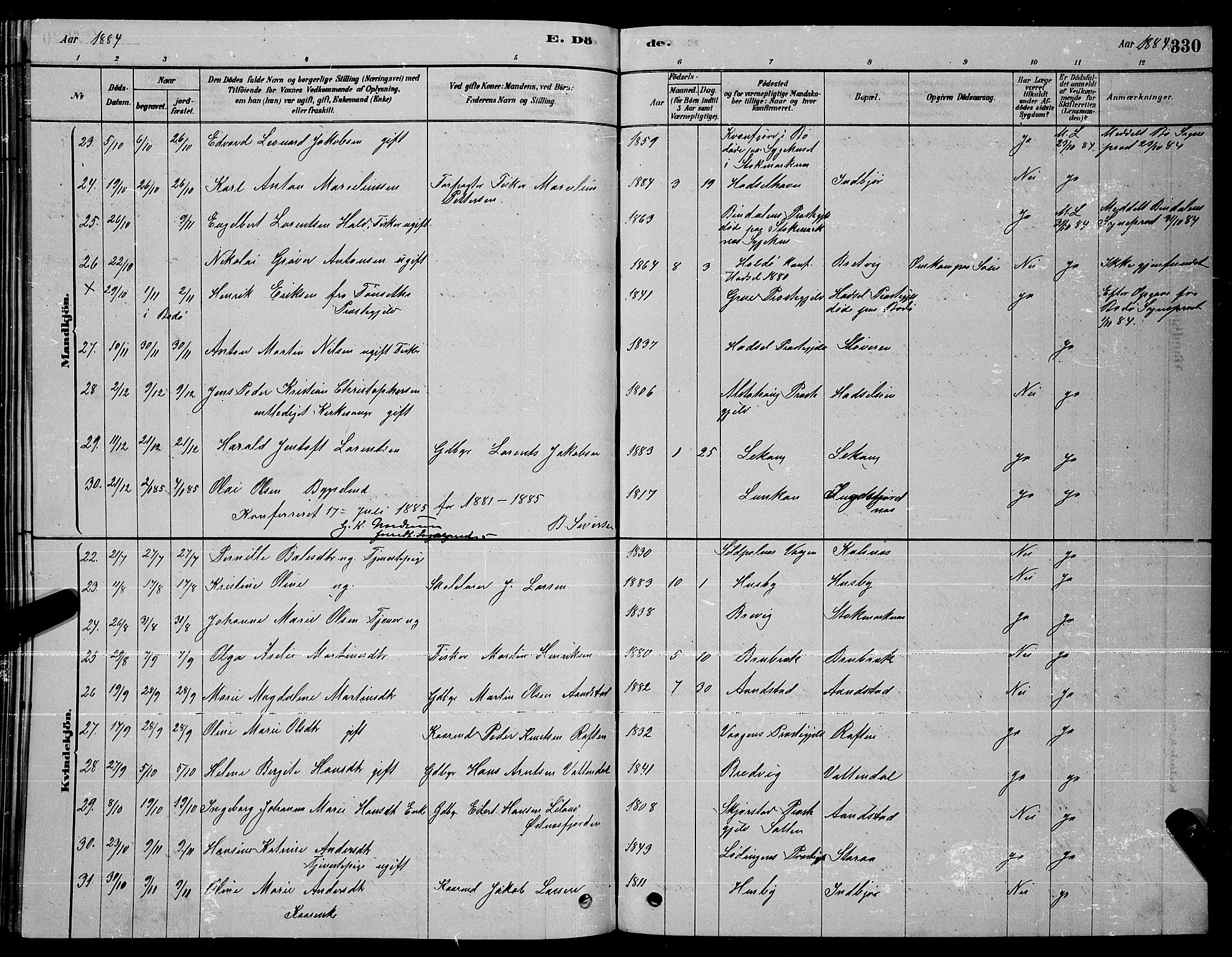 Ministerialprotokoller, klokkerbøker og fødselsregistre - Nordland, AV/SAT-A-1459/888/L1267: Parish register (copy) no. 888C05, 1878-1890, p. 330