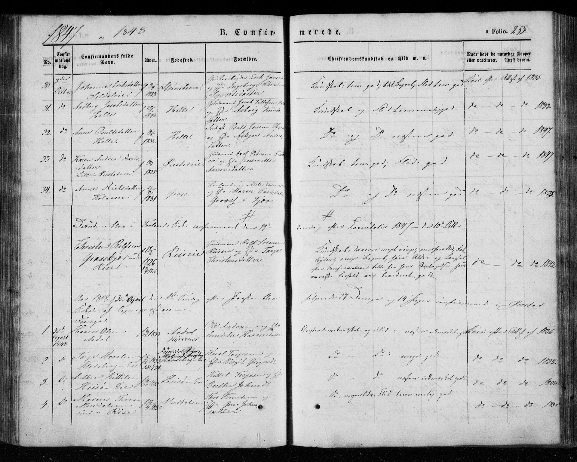 Øyestad sokneprestkontor, SAK/1111-0049/F/Fa/L0014: Parish register (official) no. A 14, 1843-1856, p. 255