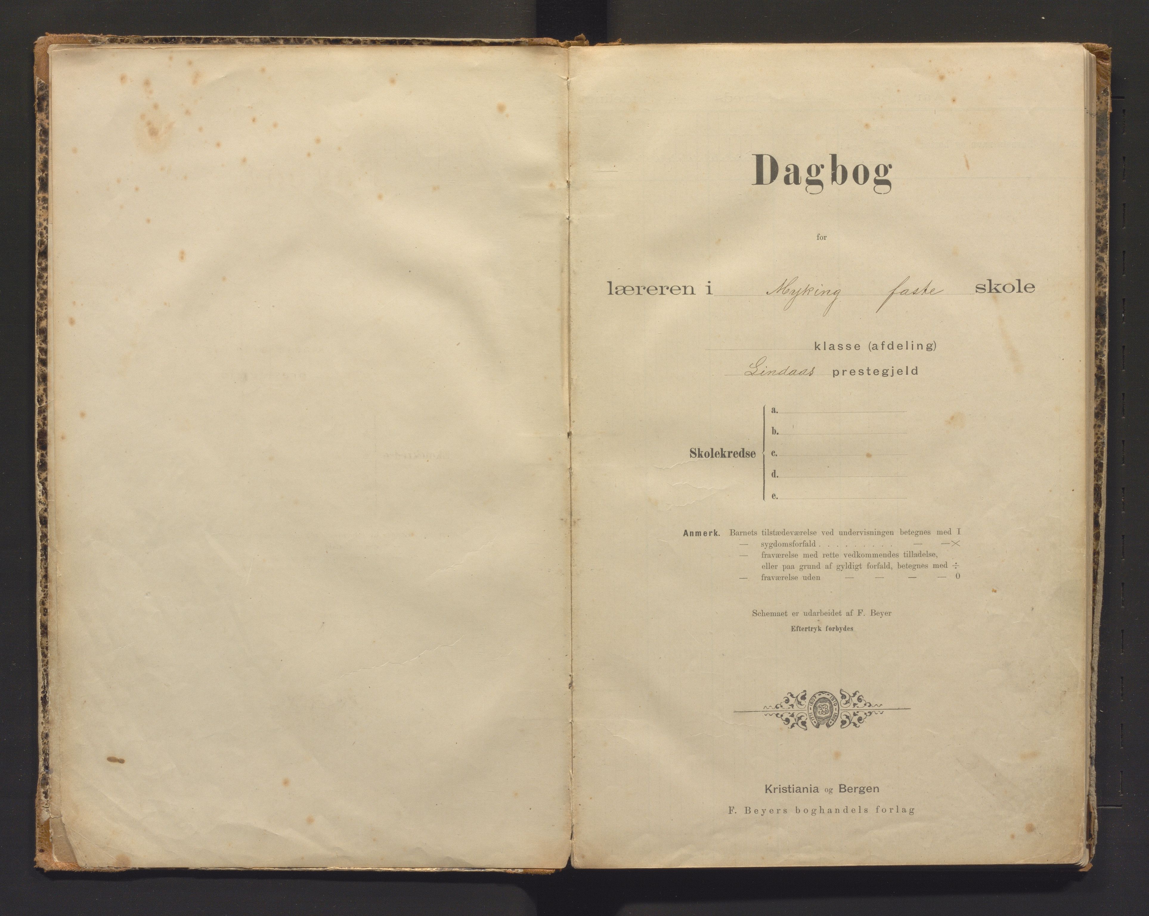 Lindås kommune. Barneskulane, IKAH/1263-231/G/Ga/L0020: Dagbok for Myking skule, 1895-1917