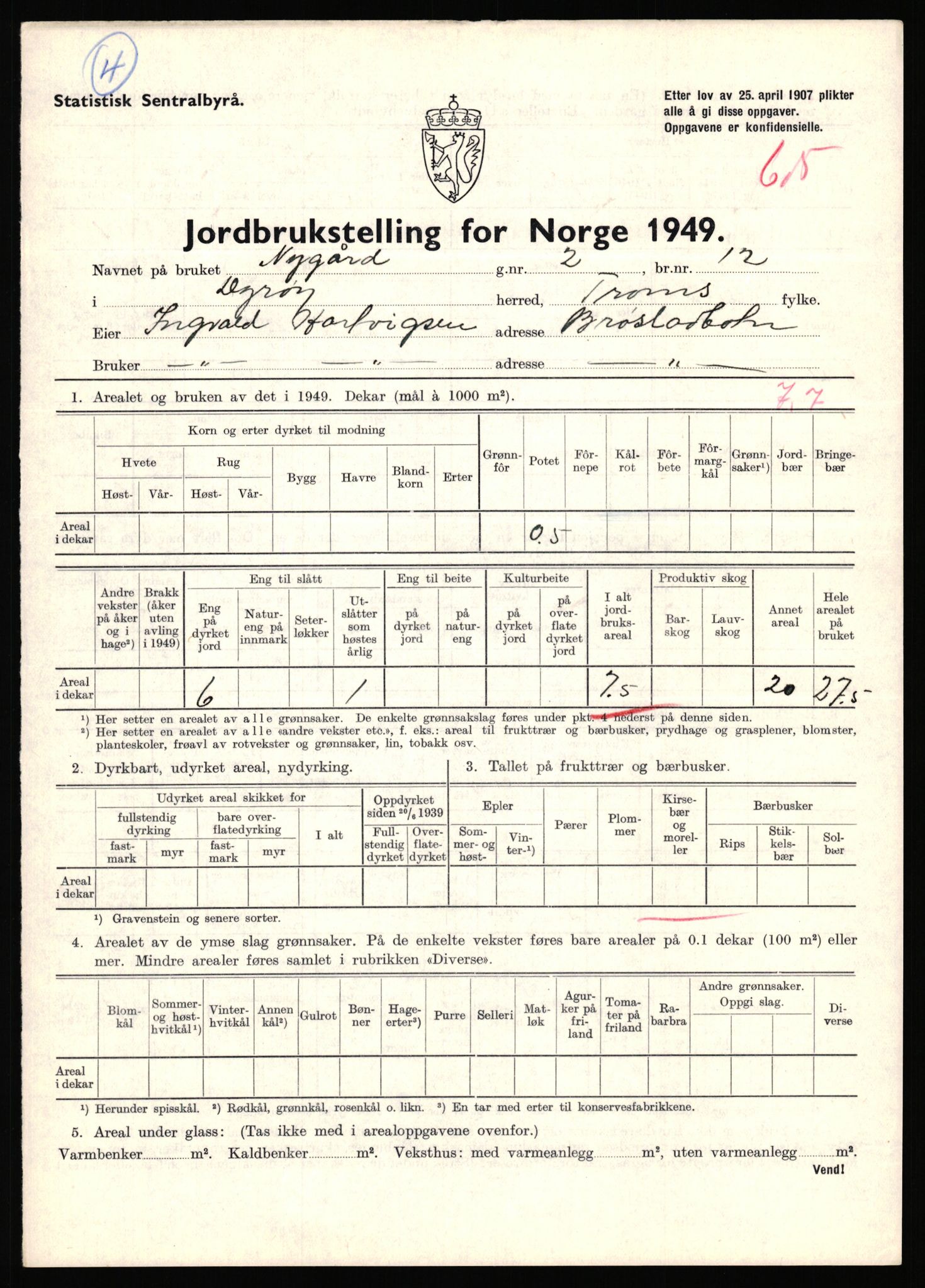 Statistisk sentralbyrå, Næringsøkonomiske emner, Jordbruk, skogbruk, jakt, fiske og fangst, AV/RA-S-2234/G/Gc/L0440: Troms: Sørreisa og Dyrøy, 1949, p. 962