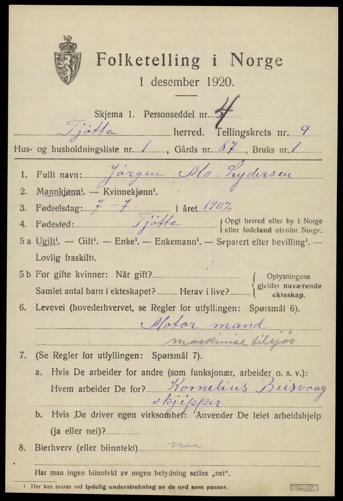 SAT, 1920 census for Tjøtta, 1920, p. 3919