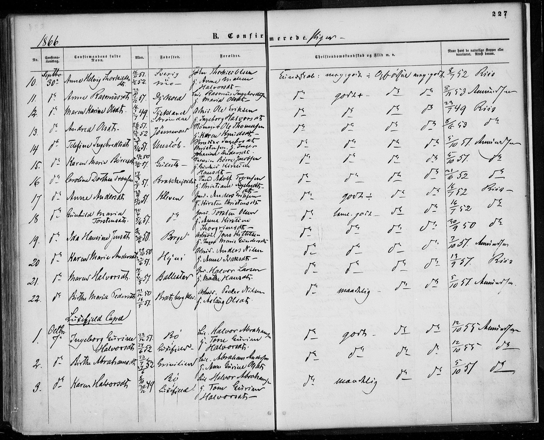 Gjerpen kirkebøker, SAKO/A-265/F/Fa/L0008a: Parish register (official) no. I 8A, 1857-1871, p. 227