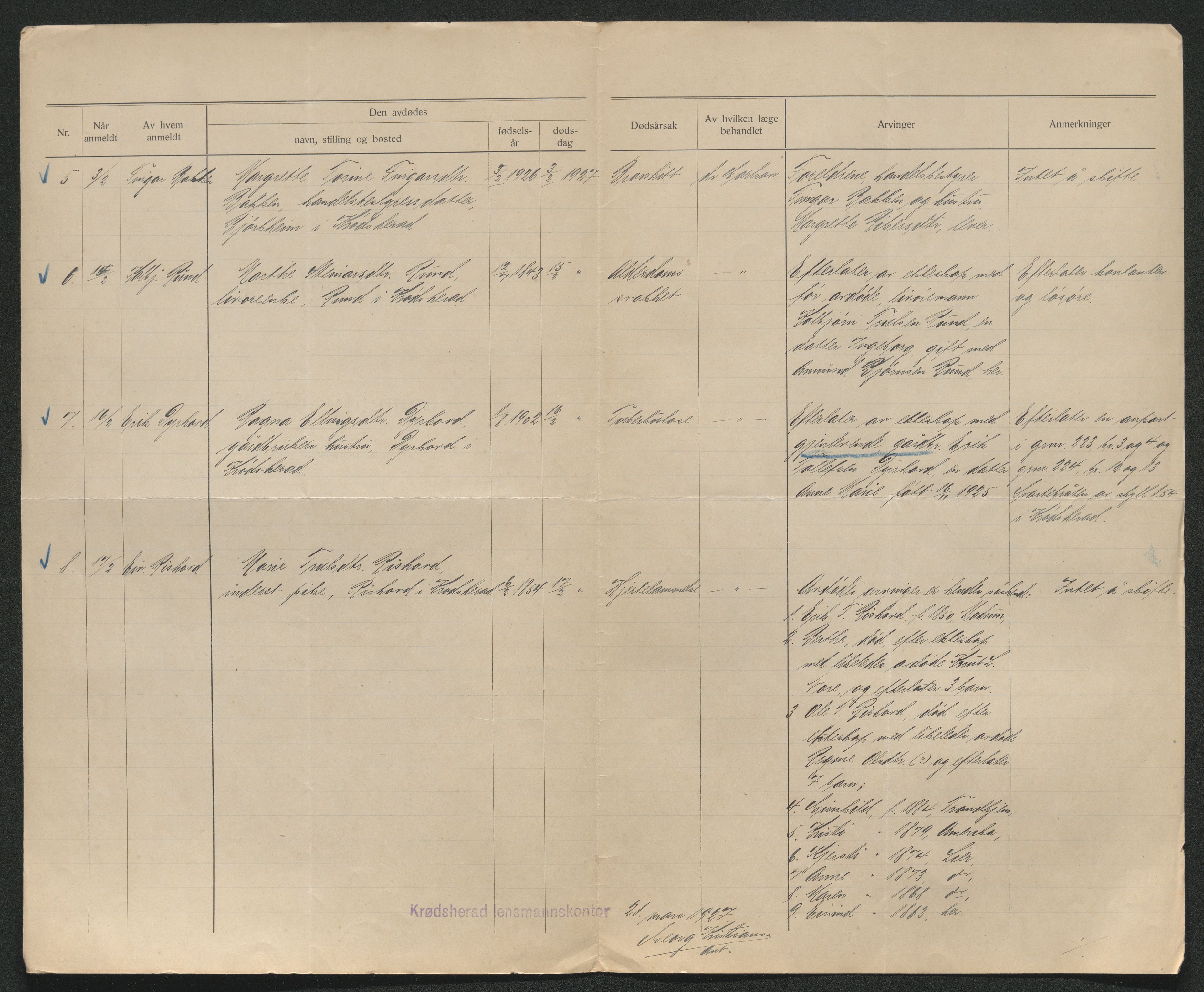 Eiker, Modum og Sigdal sorenskriveri, AV/SAKO-A-123/H/Ha/Hab/L0044: Dødsfallsmeldinger, 1926-1927, p. 653