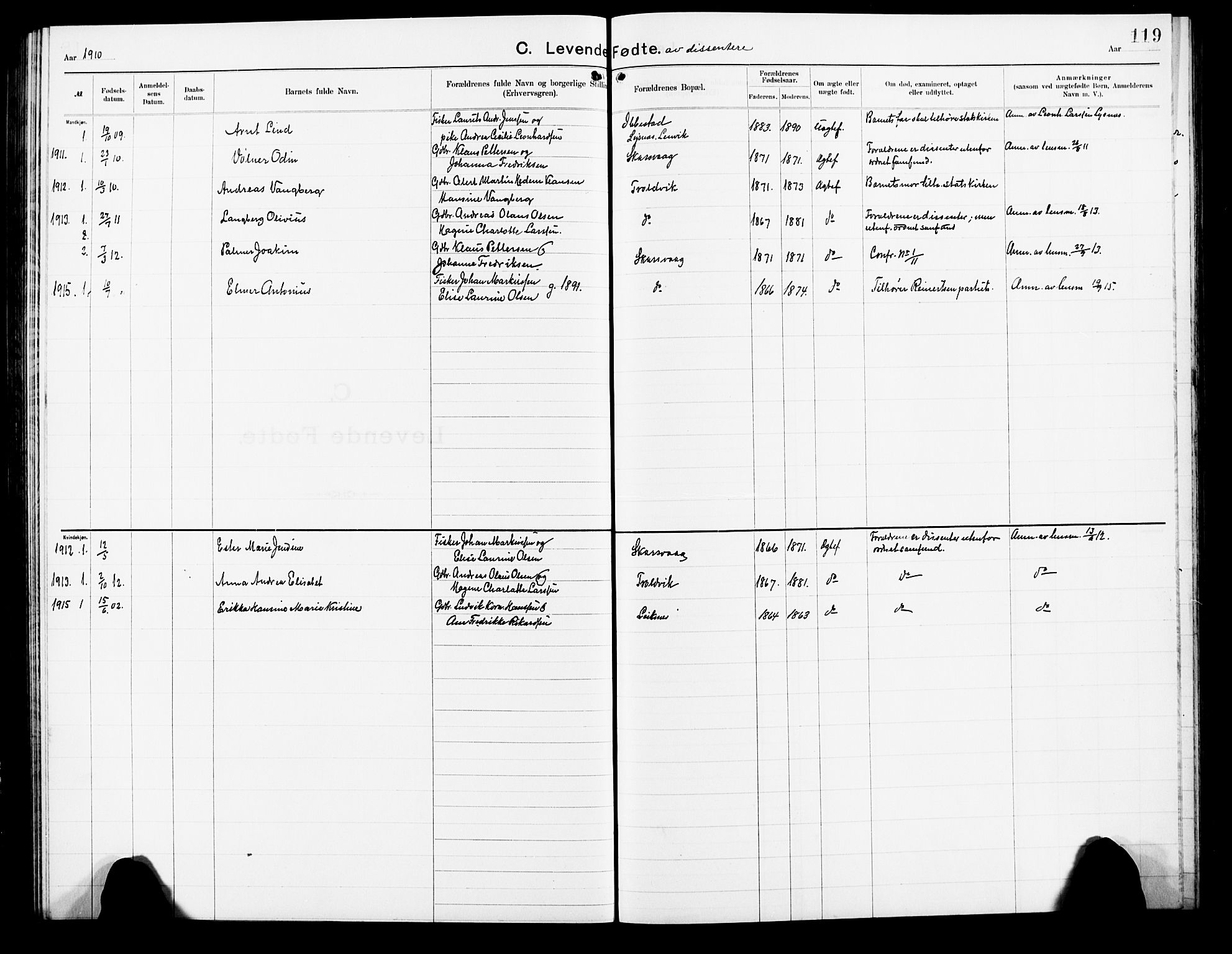 Lenvik sokneprestembete, AV/SATØ-S-1310/H/Ha/Hab/L0009klokker: Parish register (copy) no. 9, 1912-1926, p. 119