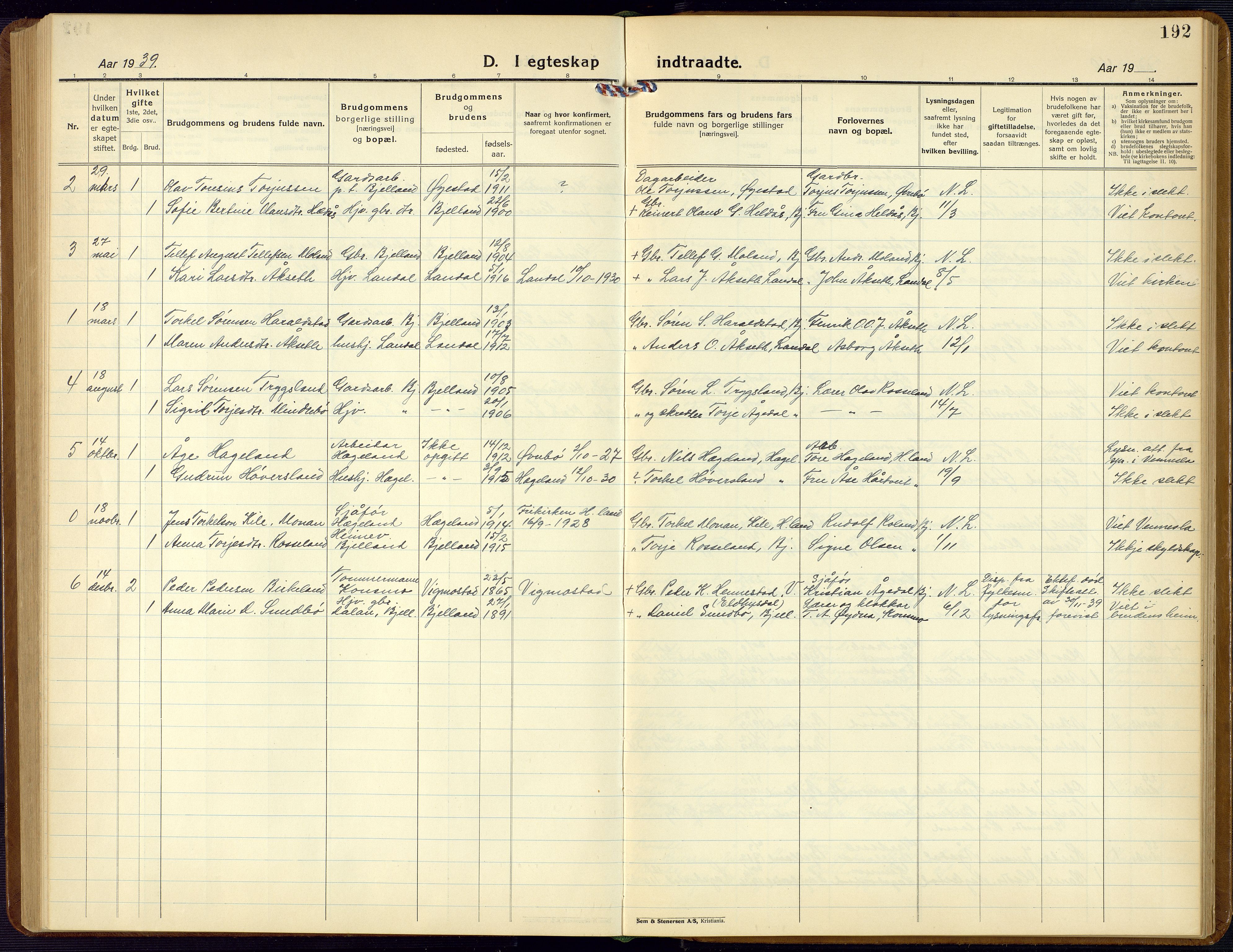 Bjelland sokneprestkontor, SAK/1111-0005/F/Fb/Fba/L0006: Parish register (copy) no. B 6, 1923-1956, p. 192