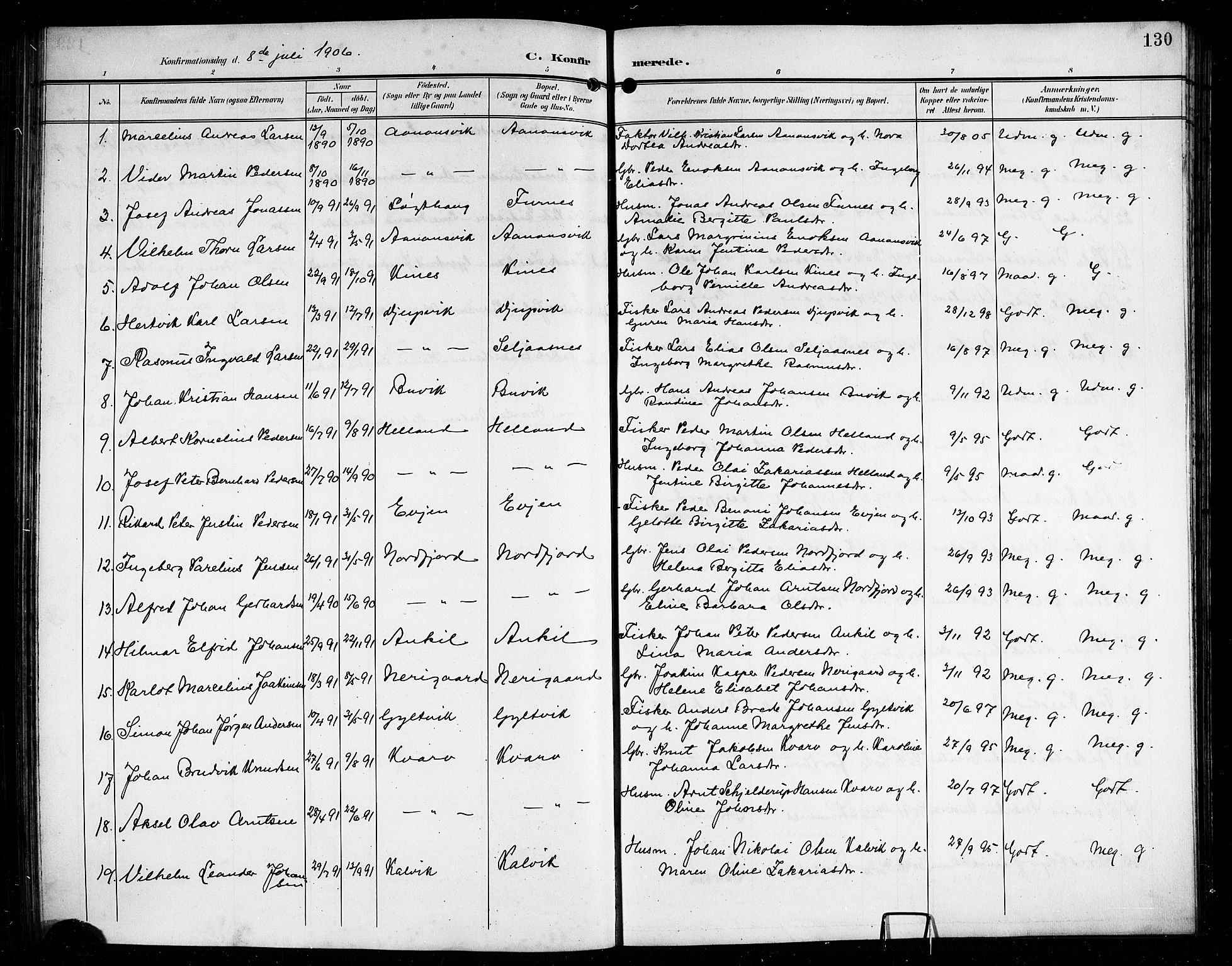 Ministerialprotokoller, klokkerbøker og fødselsregistre - Nordland, AV/SAT-A-1459/854/L0786: Parish register (copy) no. 854C02, 1901-1912, p. 130