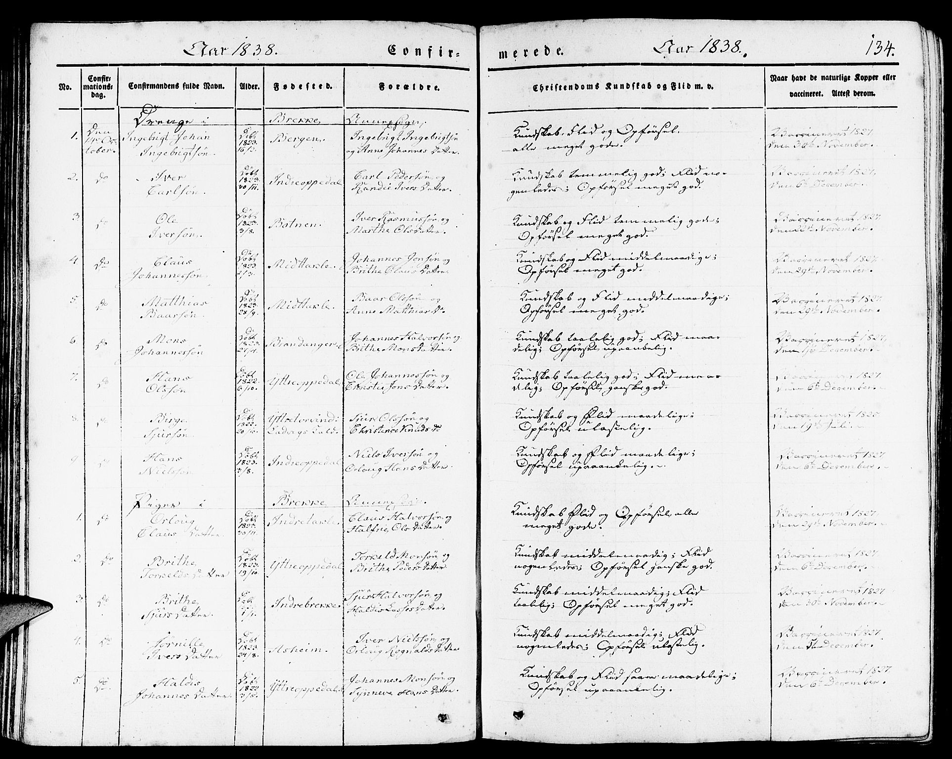 Gulen sokneprestembete, AV/SAB-A-80201/H/Haa/Haaa/L0020: Parish register (official) no. A 20, 1837-1847, p. 134