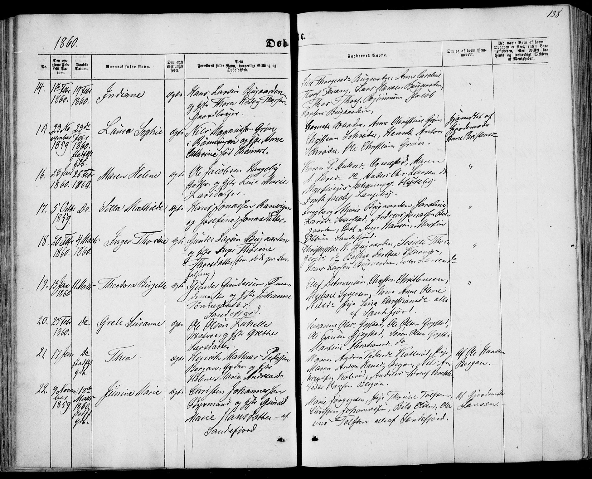 Sandar kirkebøker, SAKO/A-243/F/Fa/L0007: Parish register (official) no. 7, 1855-1861, p. 138