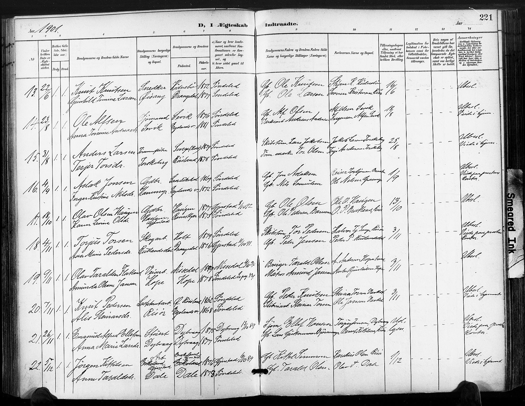 Søndeled sokneprestkontor, AV/SAK-1111-0038/F/Fa/L0006: Parish register (official) no. A 6, 1900-1922, p. 221